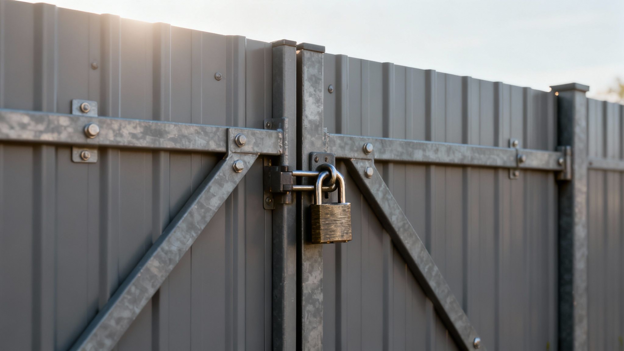 En grå metalport med en hængelås og forstærket ramme, oplyst af sollys, der symboliserer sikkerhed.