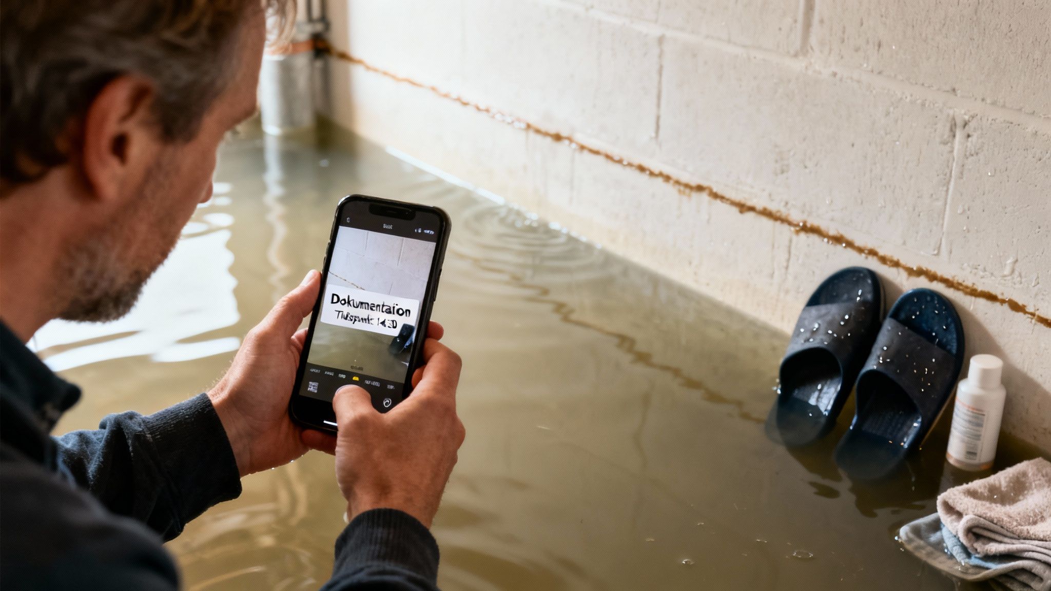 Mand fotograferer oversvømmet kælder med telefon. Vandet i kælderen viser skader og skal dokumenteres.