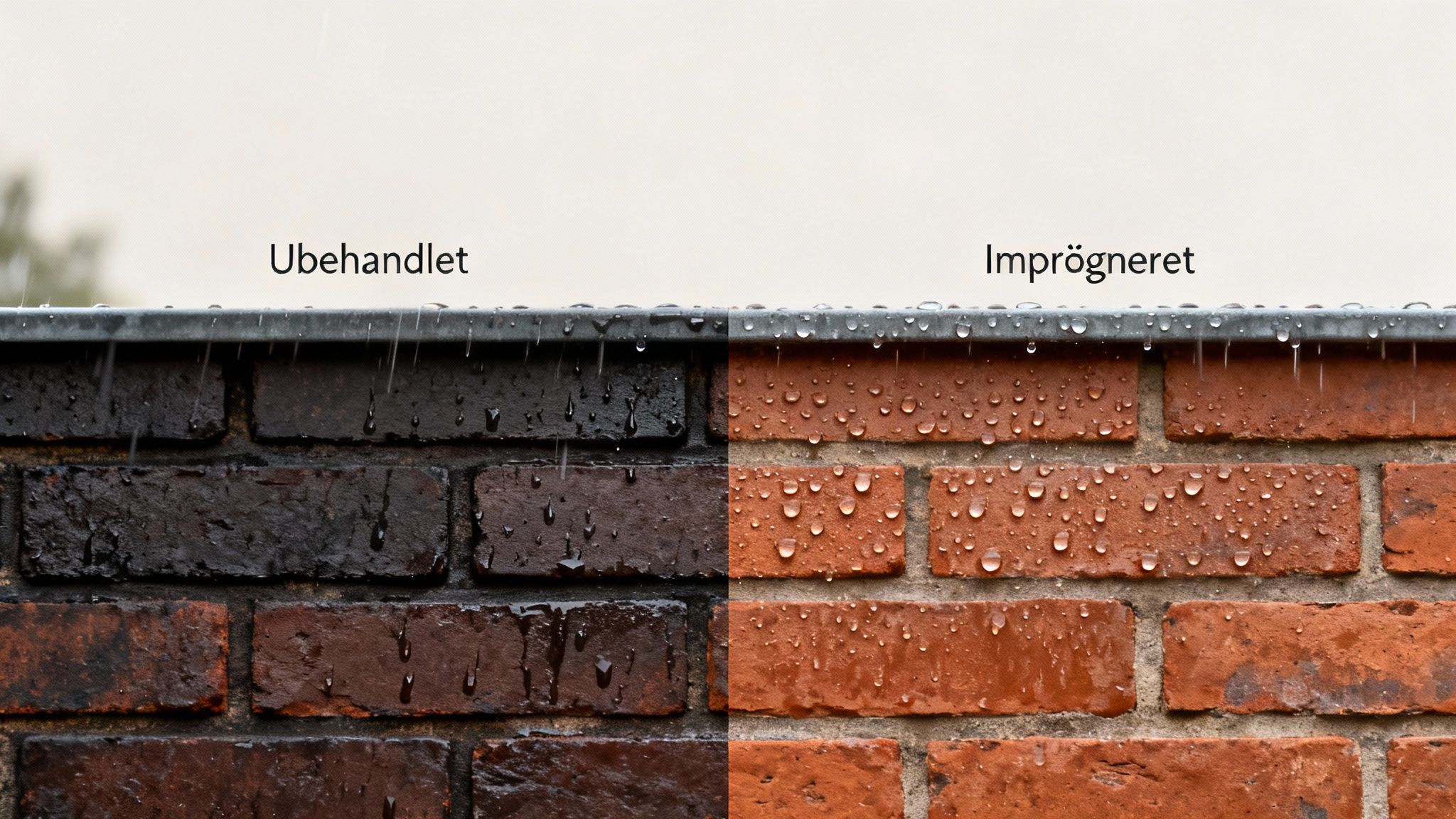 Murstensvæg i regn: venstre side er ubehandlet og mørk, højre side er imprægneret og afviser vand.