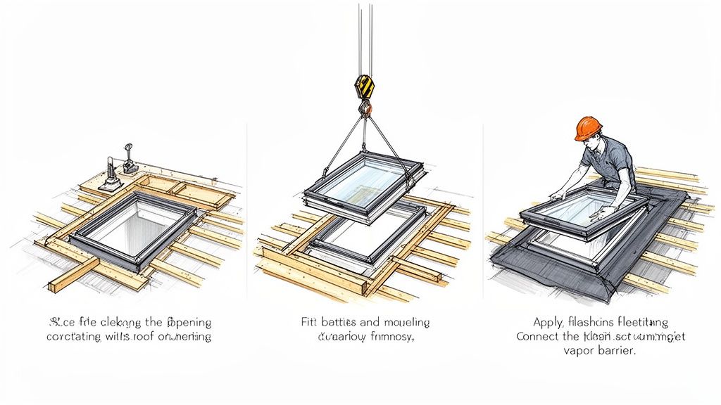 Illustration, der viser tre trin i monteringen af et Velux tagvindue på et spærkonstruktion.