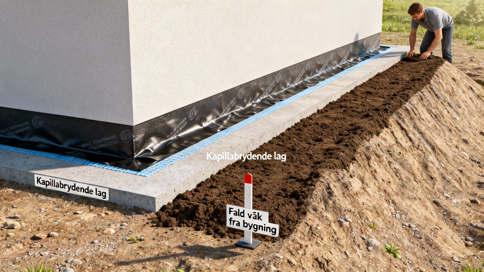 Detaljeret billede af husfundament med kapillarbrydende lag og korrekt terrænregulering for at lede vand væk.