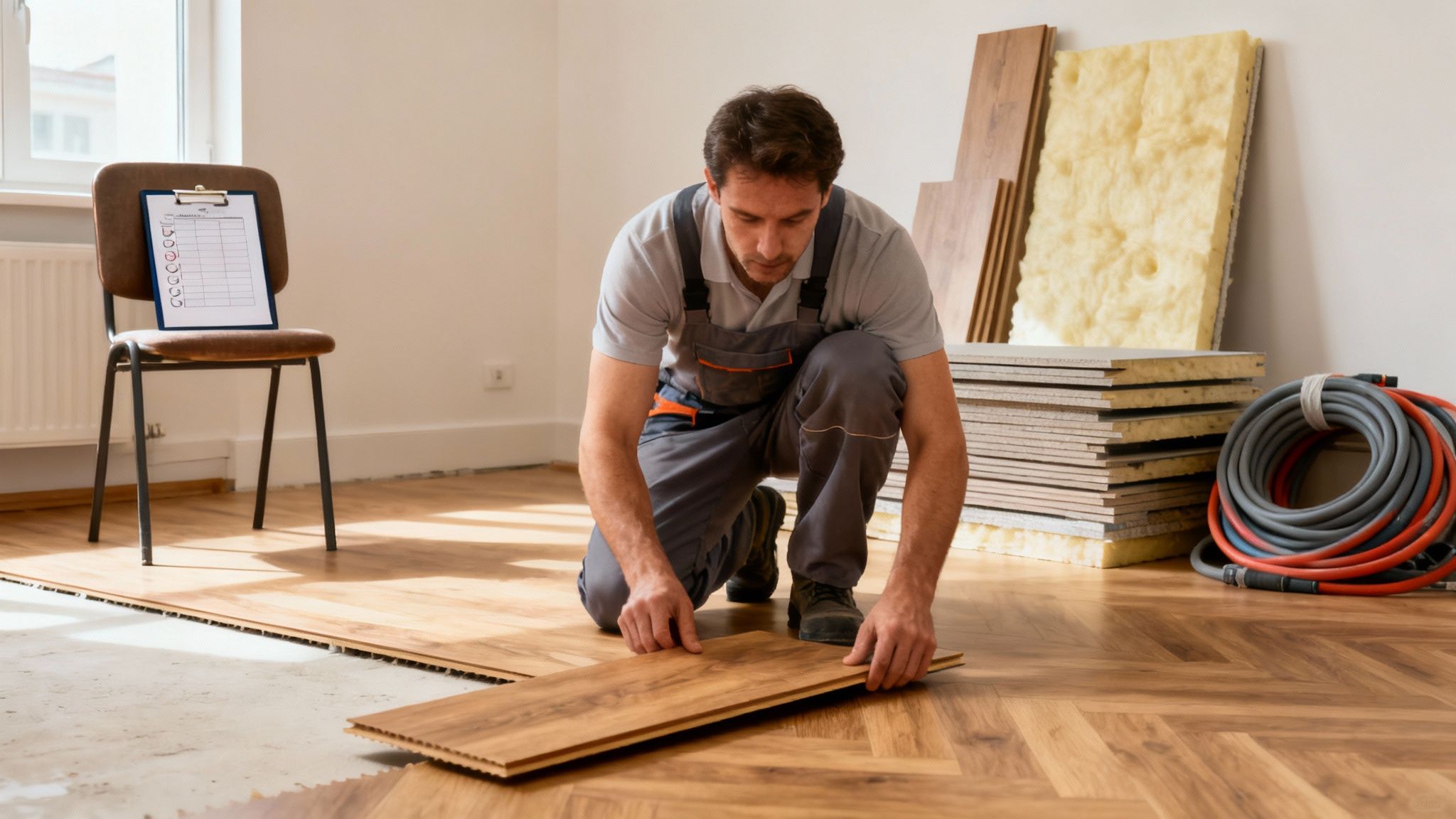En erfaren tømrer i gang med at lægge et nyt trægulv