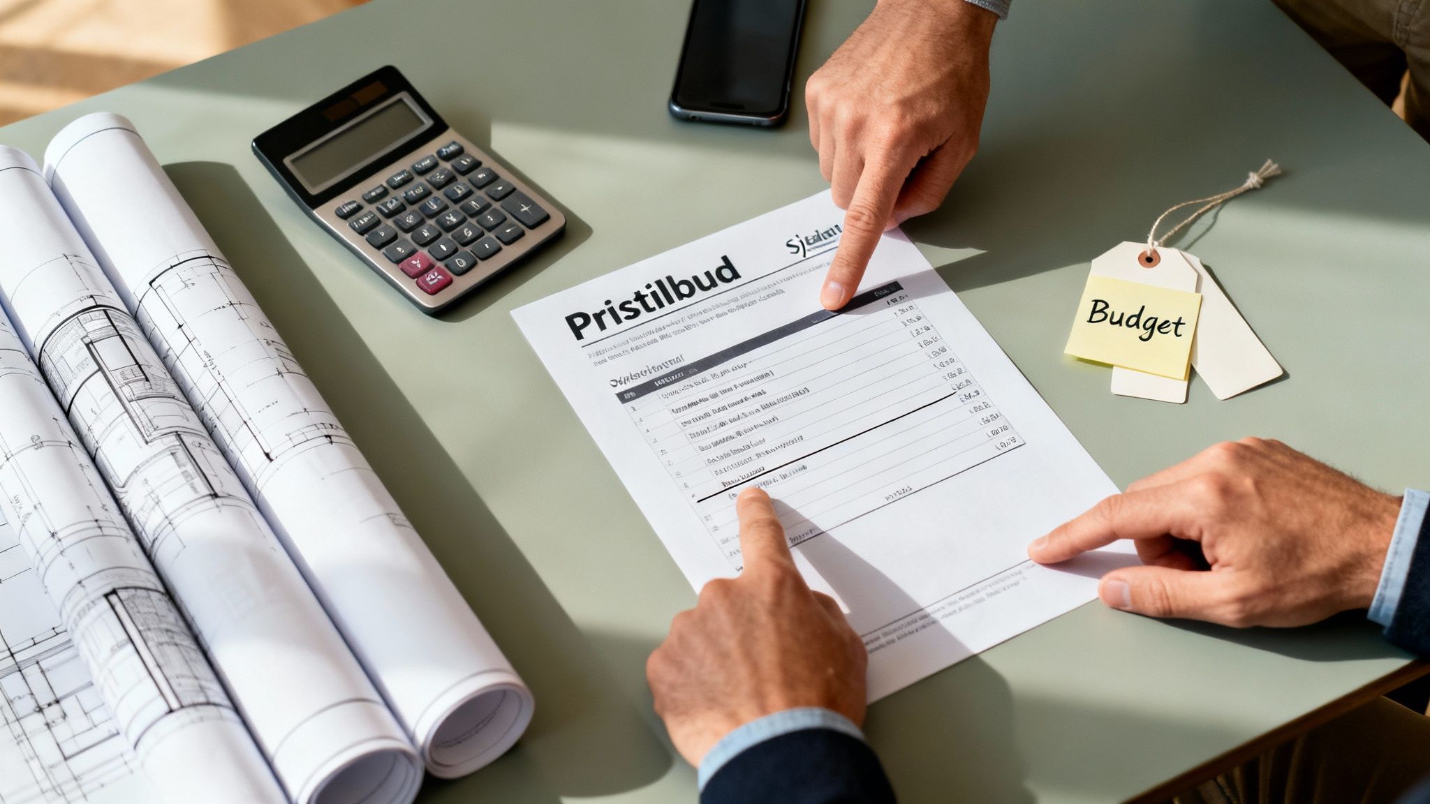 To personer gennemgår et pristilbud og arkitekttegninger på et bord med en lommeregner og en budget-etiket.
