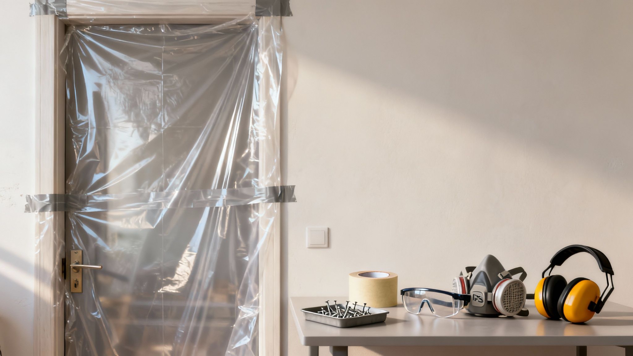 Beskyttet dør med plastik og sikkerhedsudstyr på et bord, klar til renoveringsarbejde.
