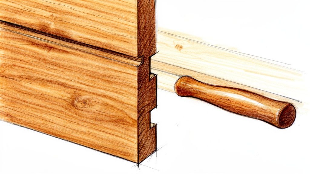 Detaljeret tegning af en svalehalesamling i træ med et tilhørende træværktøj.