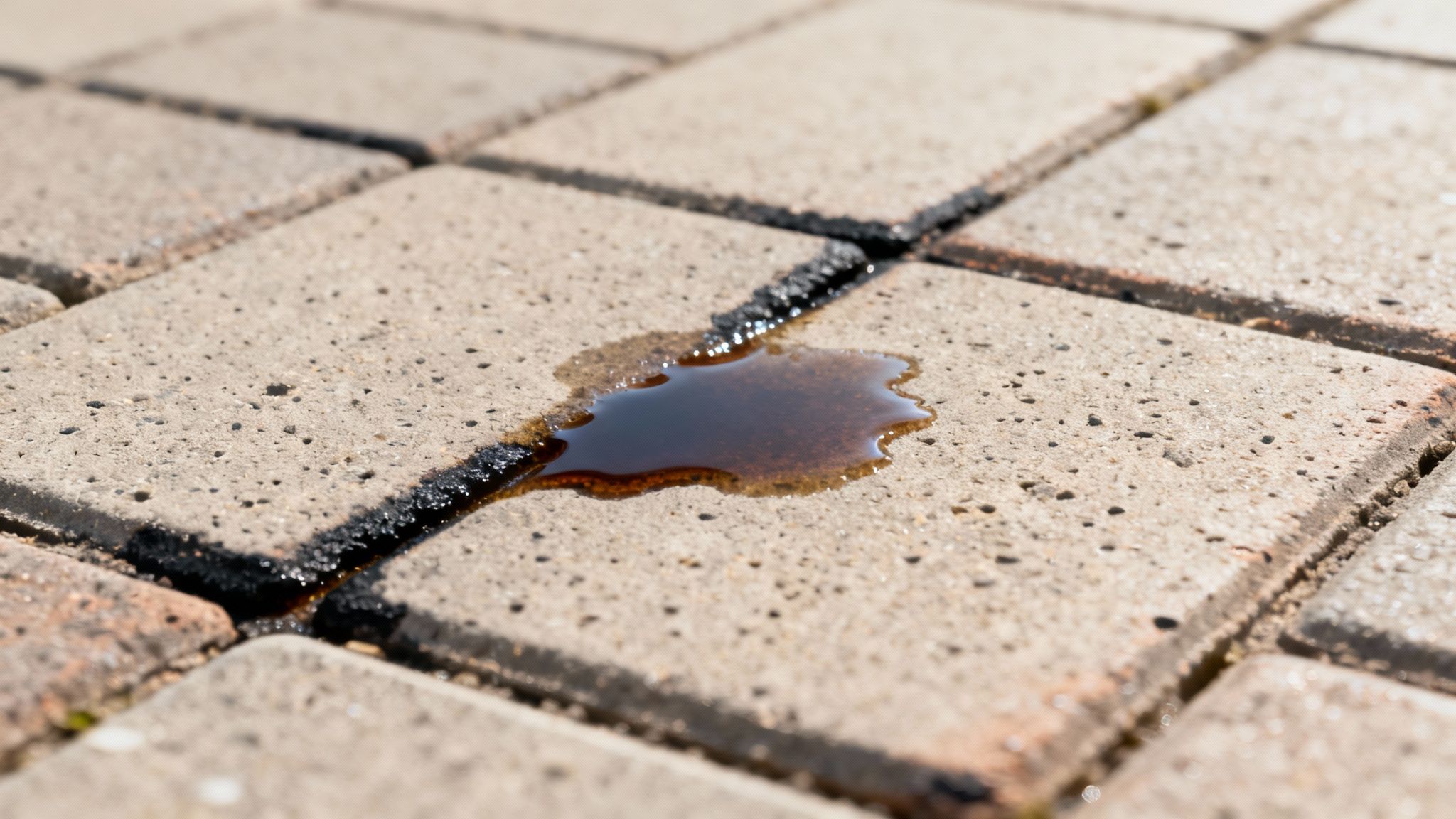 En olieplet på fliser i en indkørsel