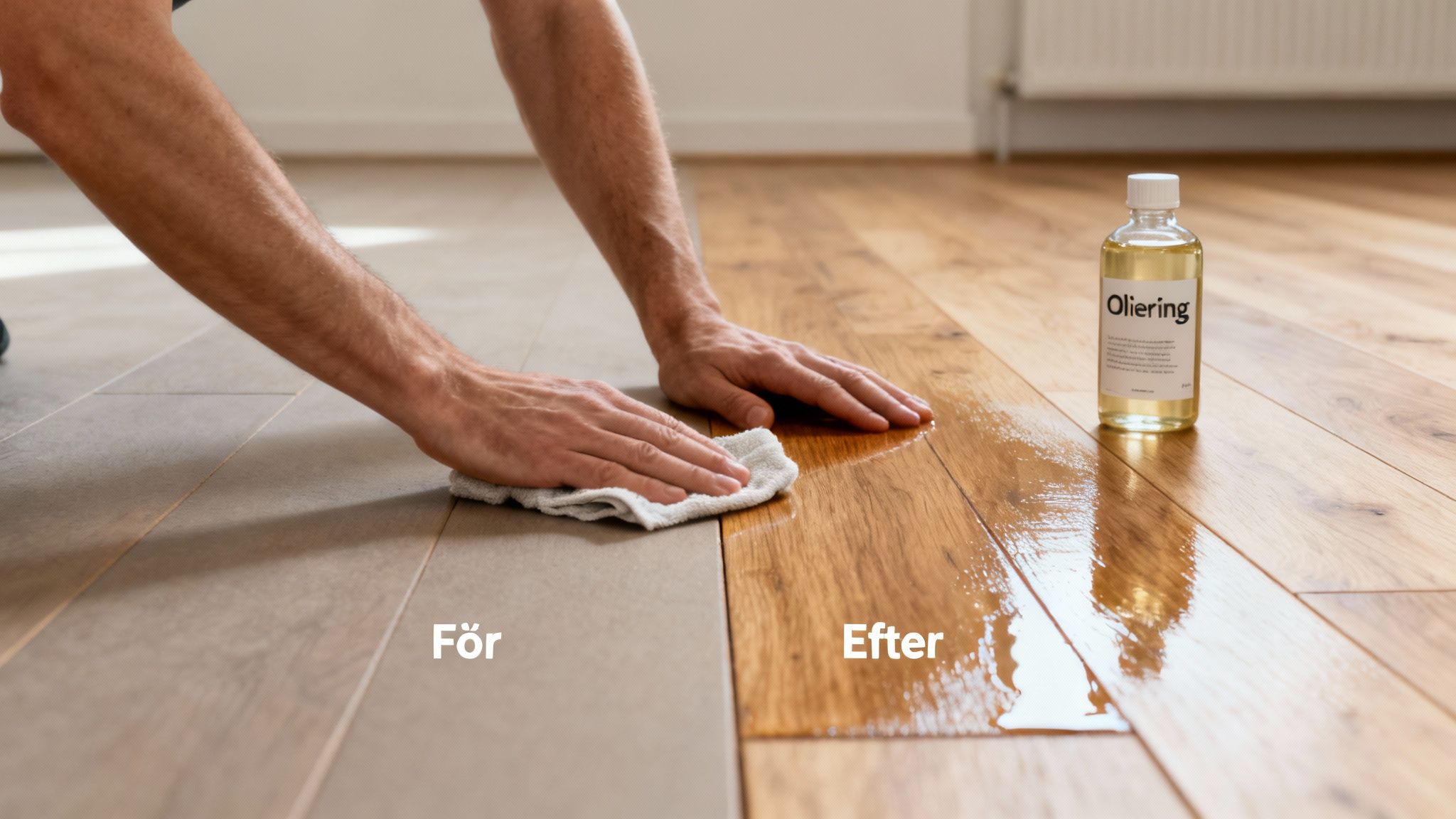 En person oliebehandler et plankegulv af eg, der viser en tydelig før- og eftereffekt med fornyet glans.