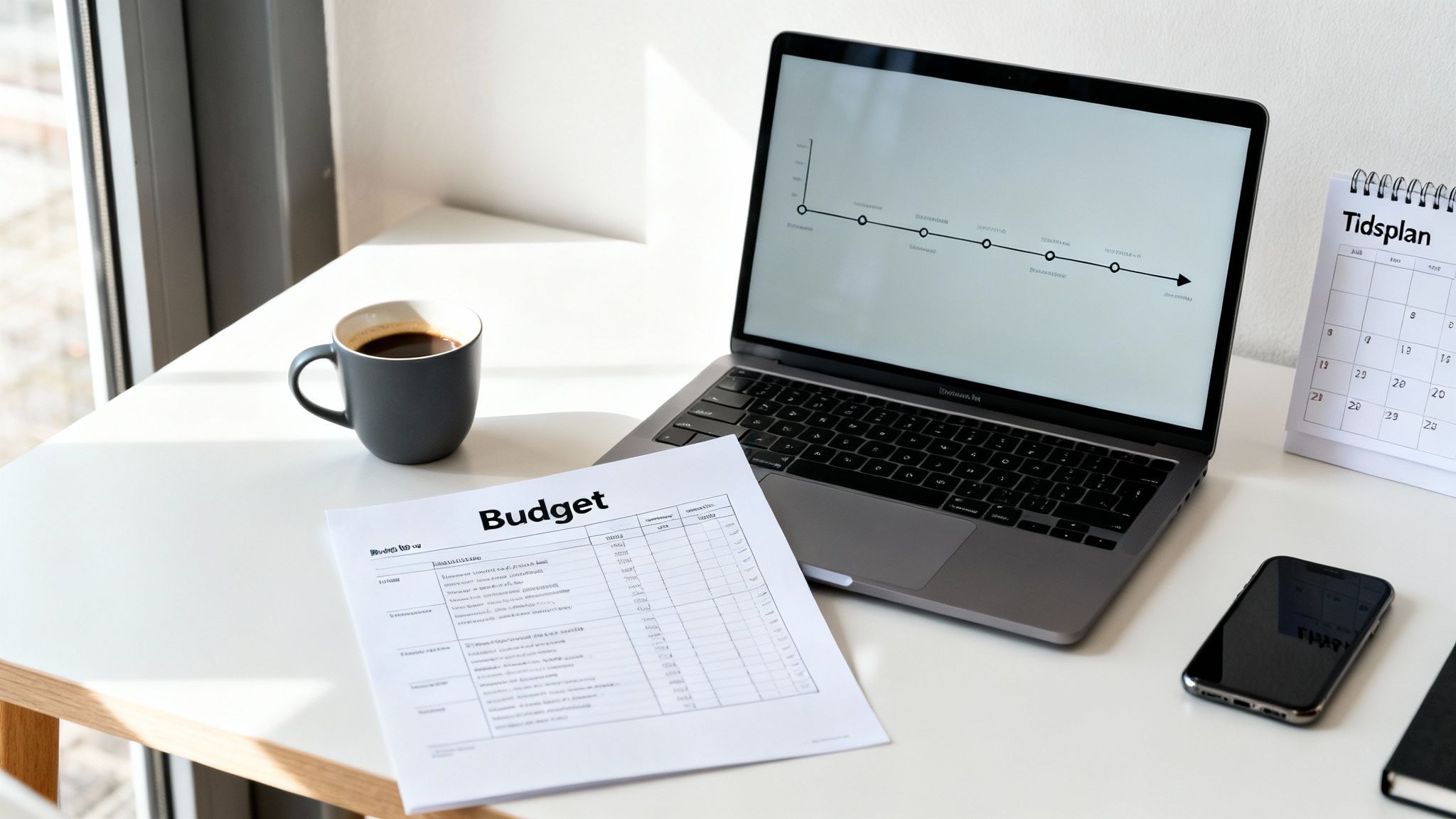 En organiseret arbejdsplads med en bærbar computer, budgetark, kaffekop og kalender på et hvidt bord.