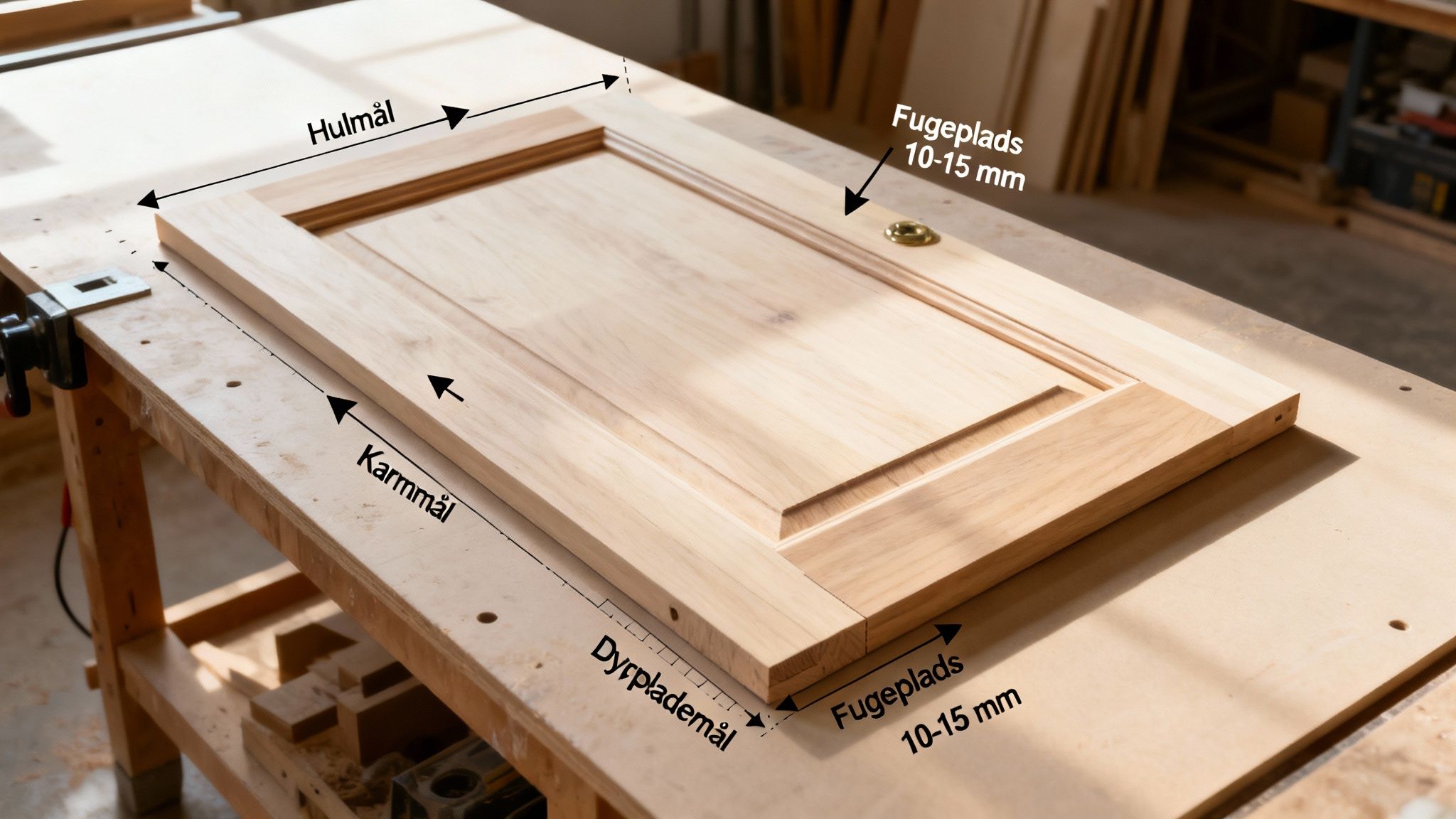 Trædørpanel med hulmål, karmmål og fugeplads-angivelser på en arbejdsbænk, viser monteringsdetaljer.