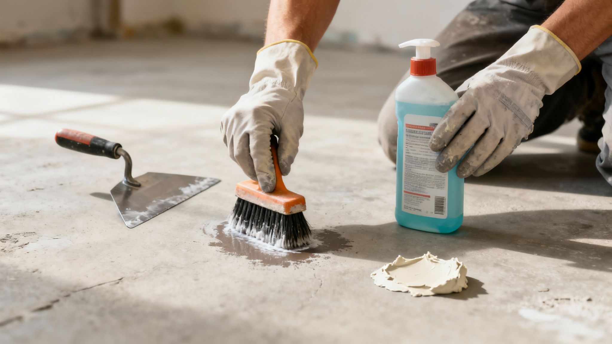 Håndværker med hvide handsker renser betongulv med børste og rengøringsmiddel før opretning