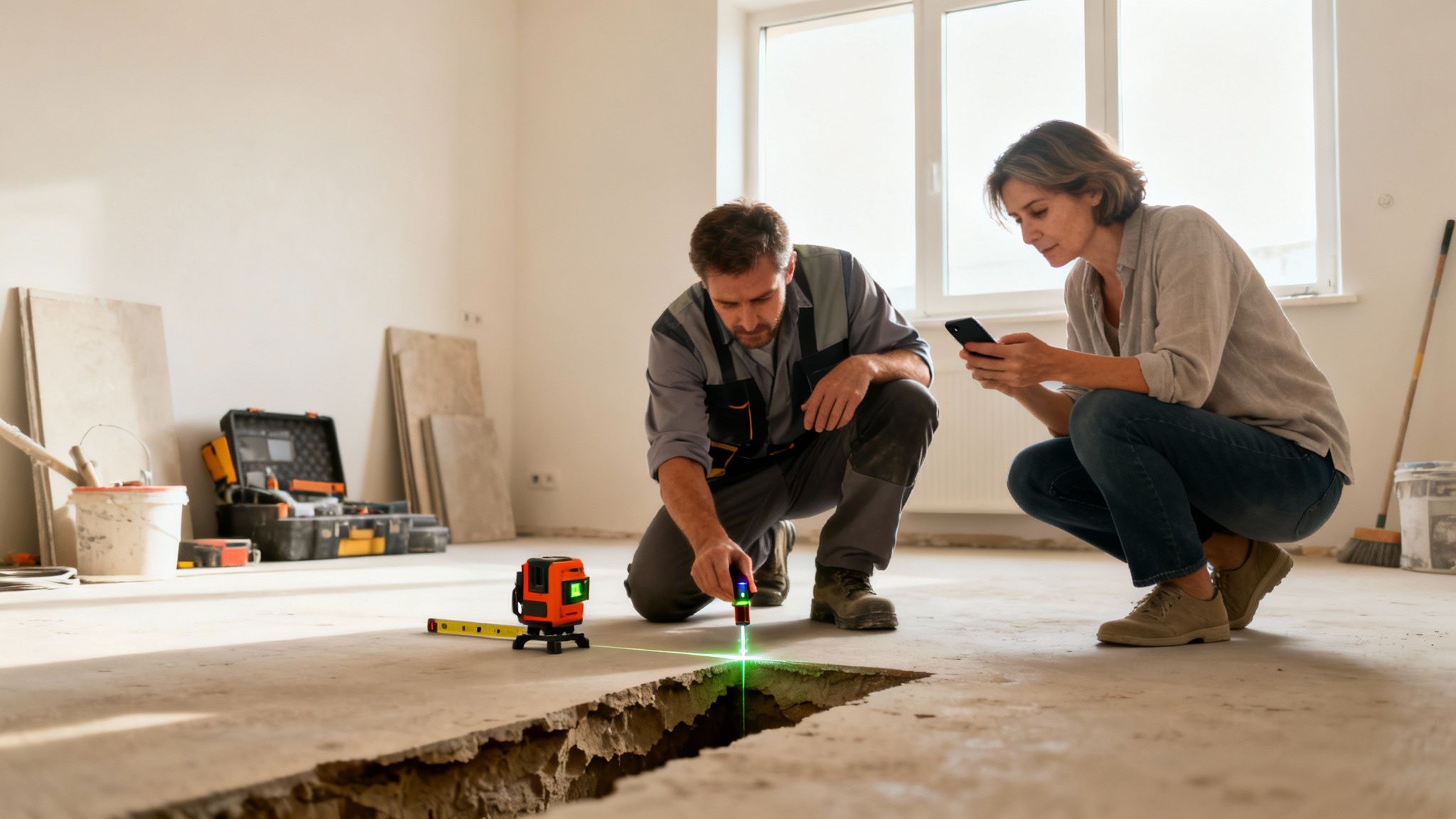 En håndværker nivellerer et gulv med laser, mens en kvinde ser på sin telefon under renovering.