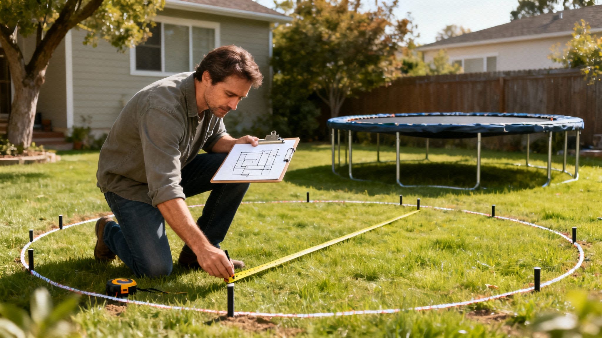 En mand i en have måler et rundt område med et målebånd og holder en tegning. En trampolin er i baggrunden.