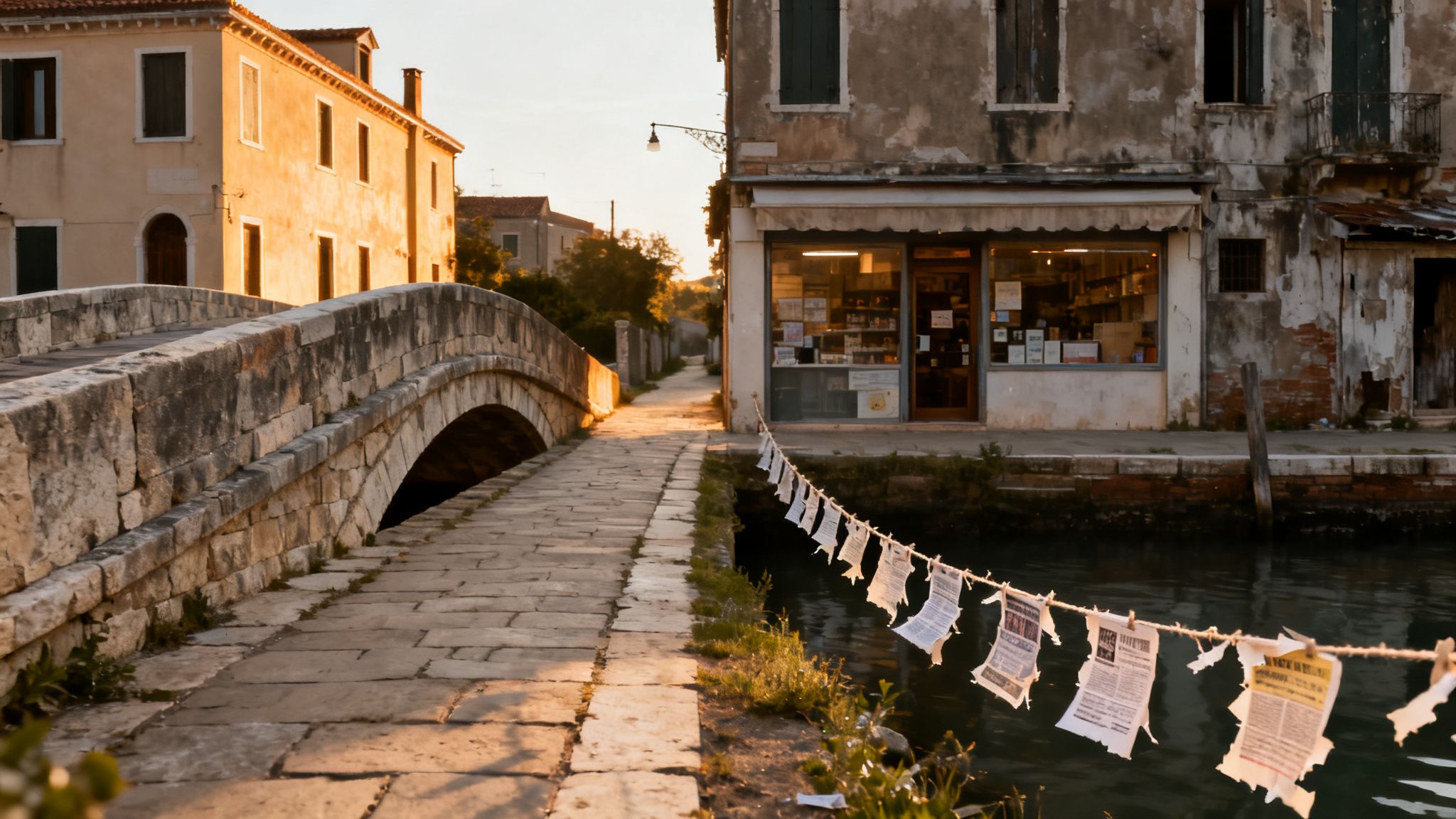 Solskin på en gammel stenbro og kanal i Venedig med en butik og hængende papirer.