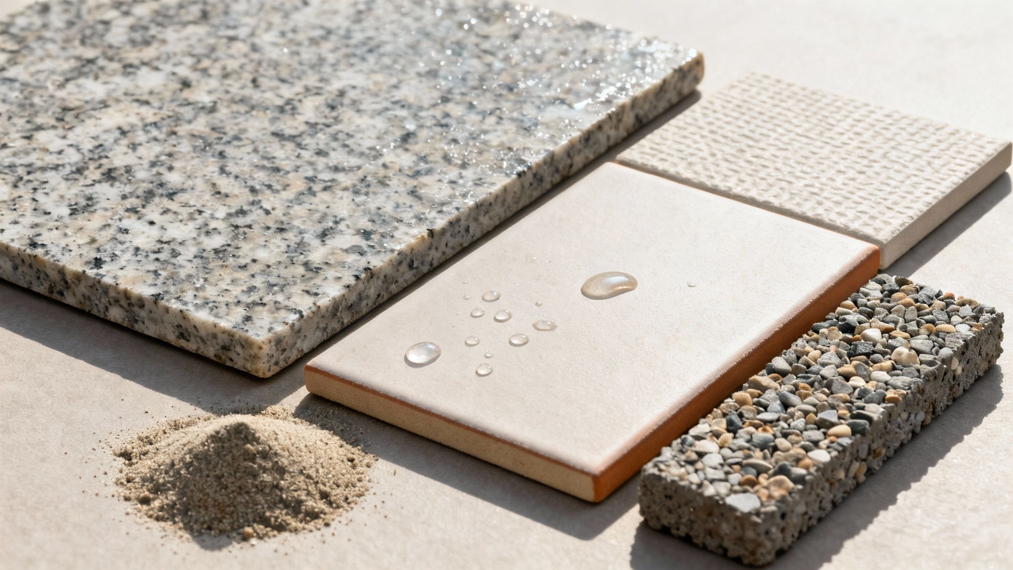 Udvalg af udendørs fliser, sten og sand, med vanddråber på overfladerne til terrassen.