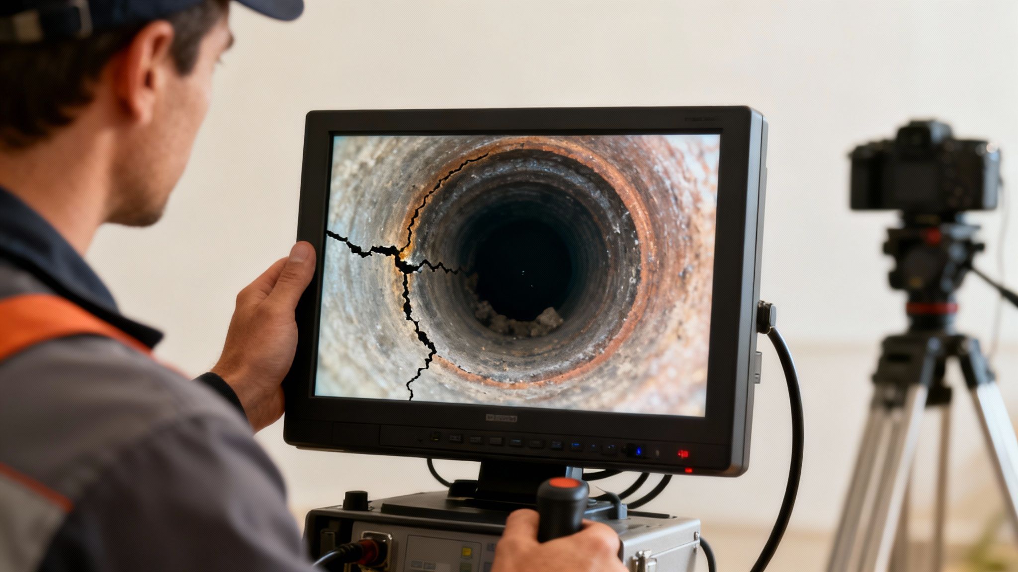 En kloakmester udfører tv-inspektion af et kloakrør med specialudstyr.