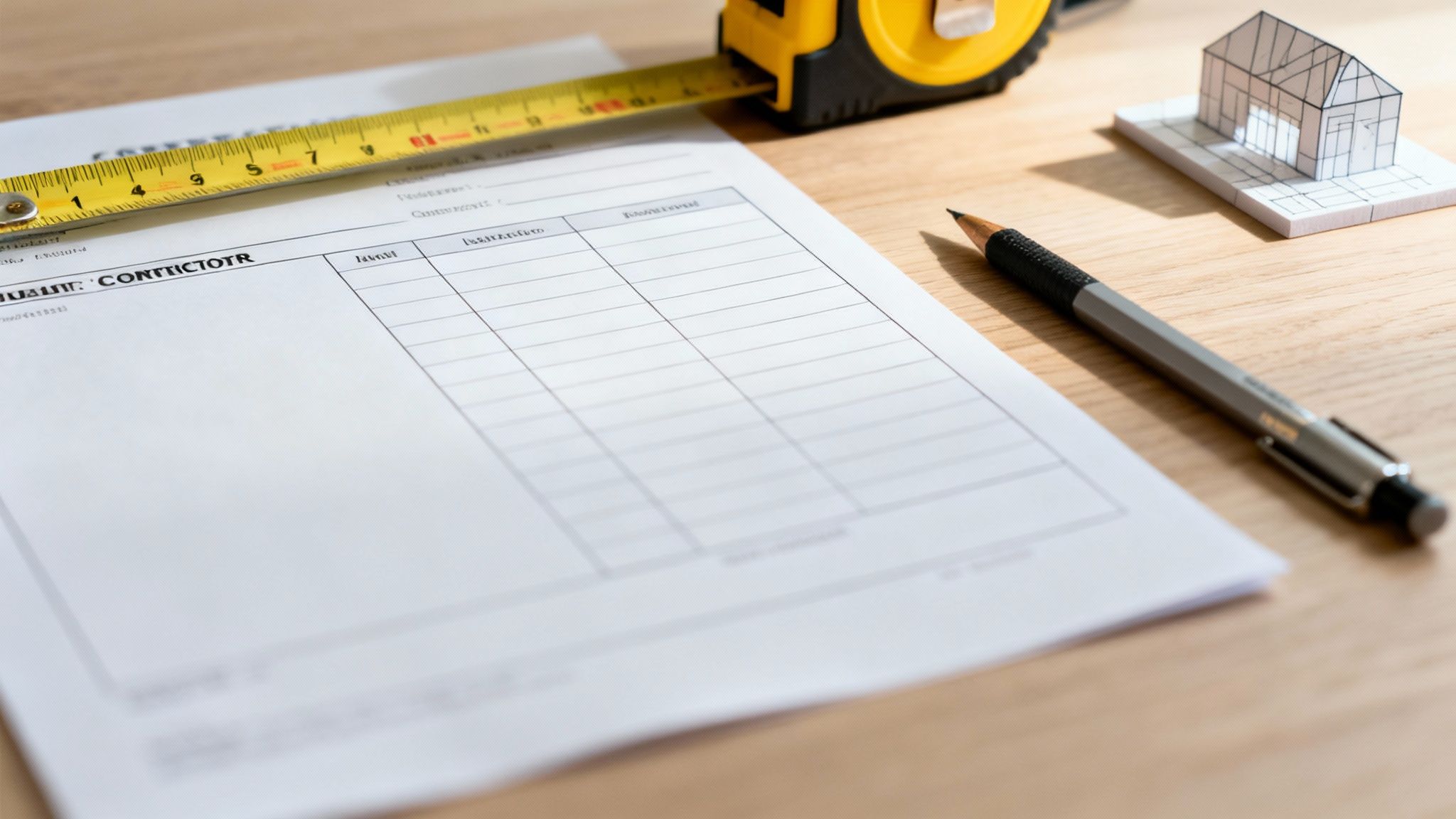 Planlægning af byggeprojekt med tegninger, målebånd og modelhus på træbord.