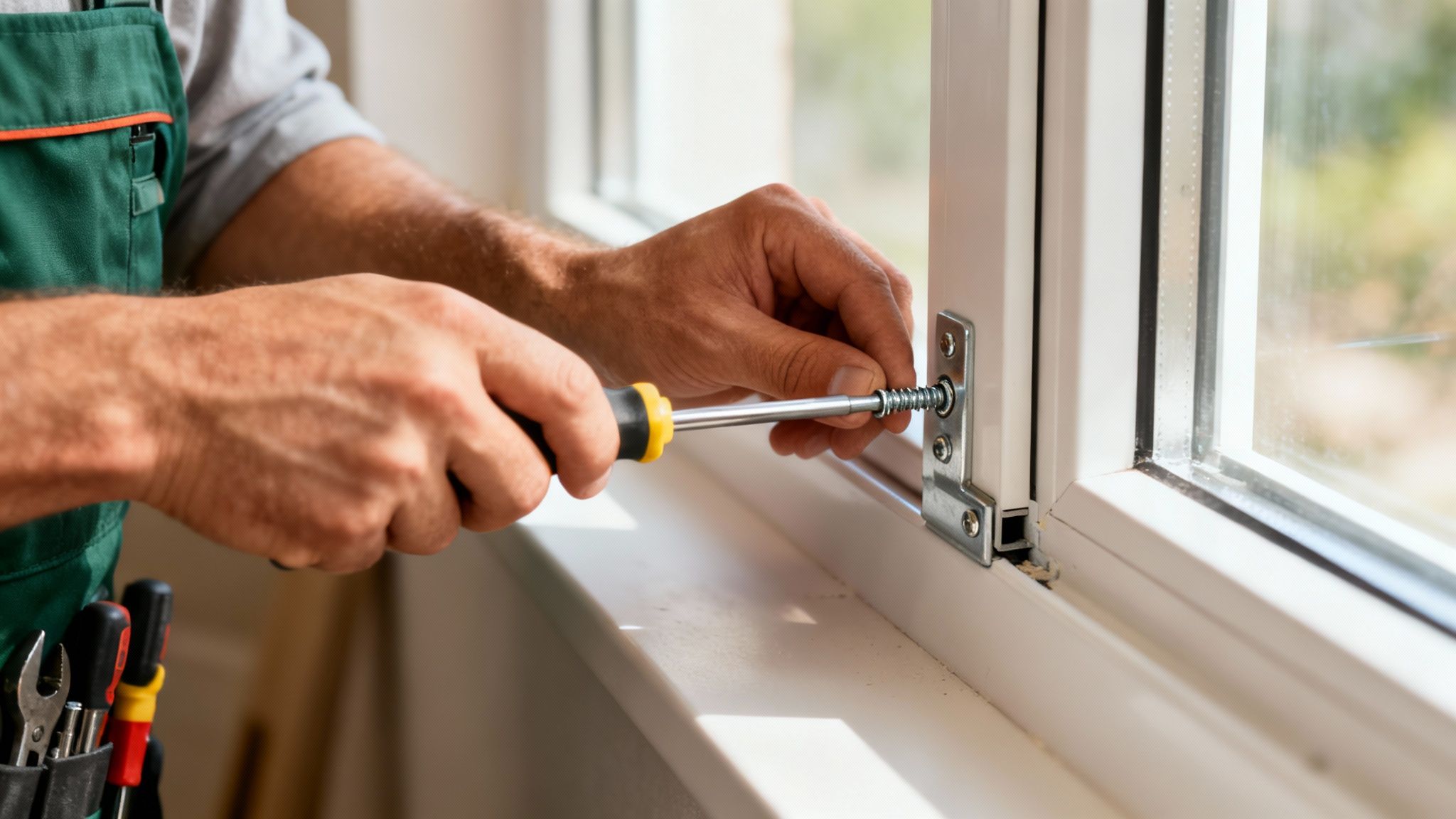 En person monterer en tyverisikring på et vindue med en skruetrækker.