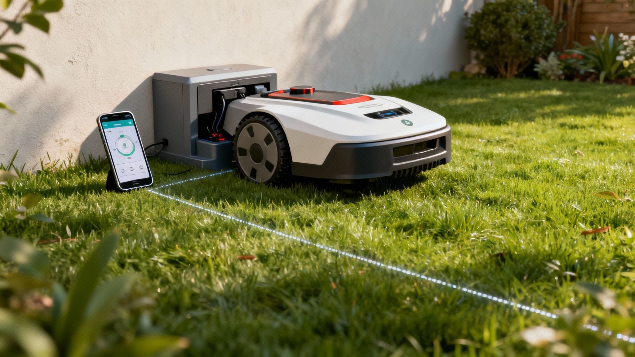 En person konfigurerer en robotplæneklipper via en smartphone-app.