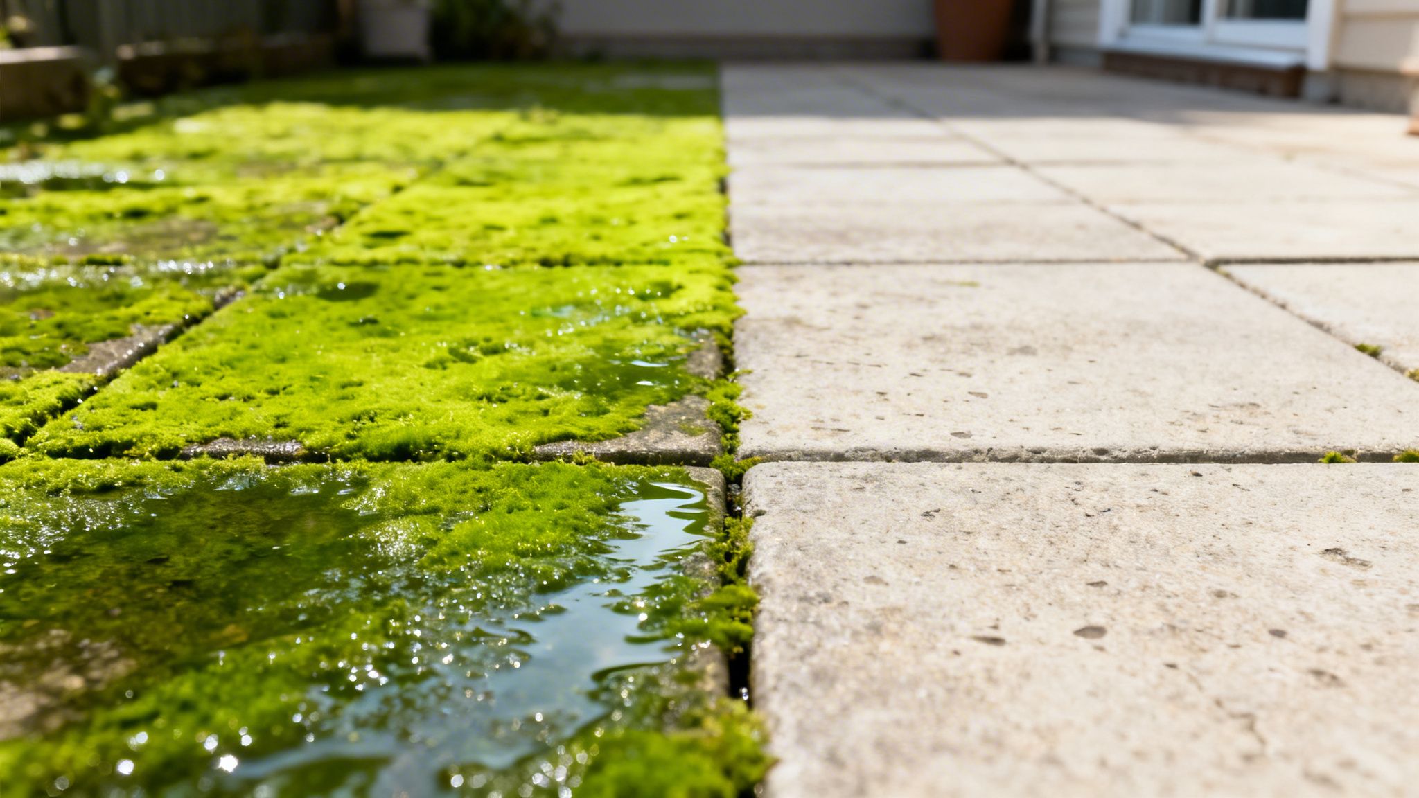 Et close-up af en flisegang med alger på den ene halvdel og rene fliser på den anden.