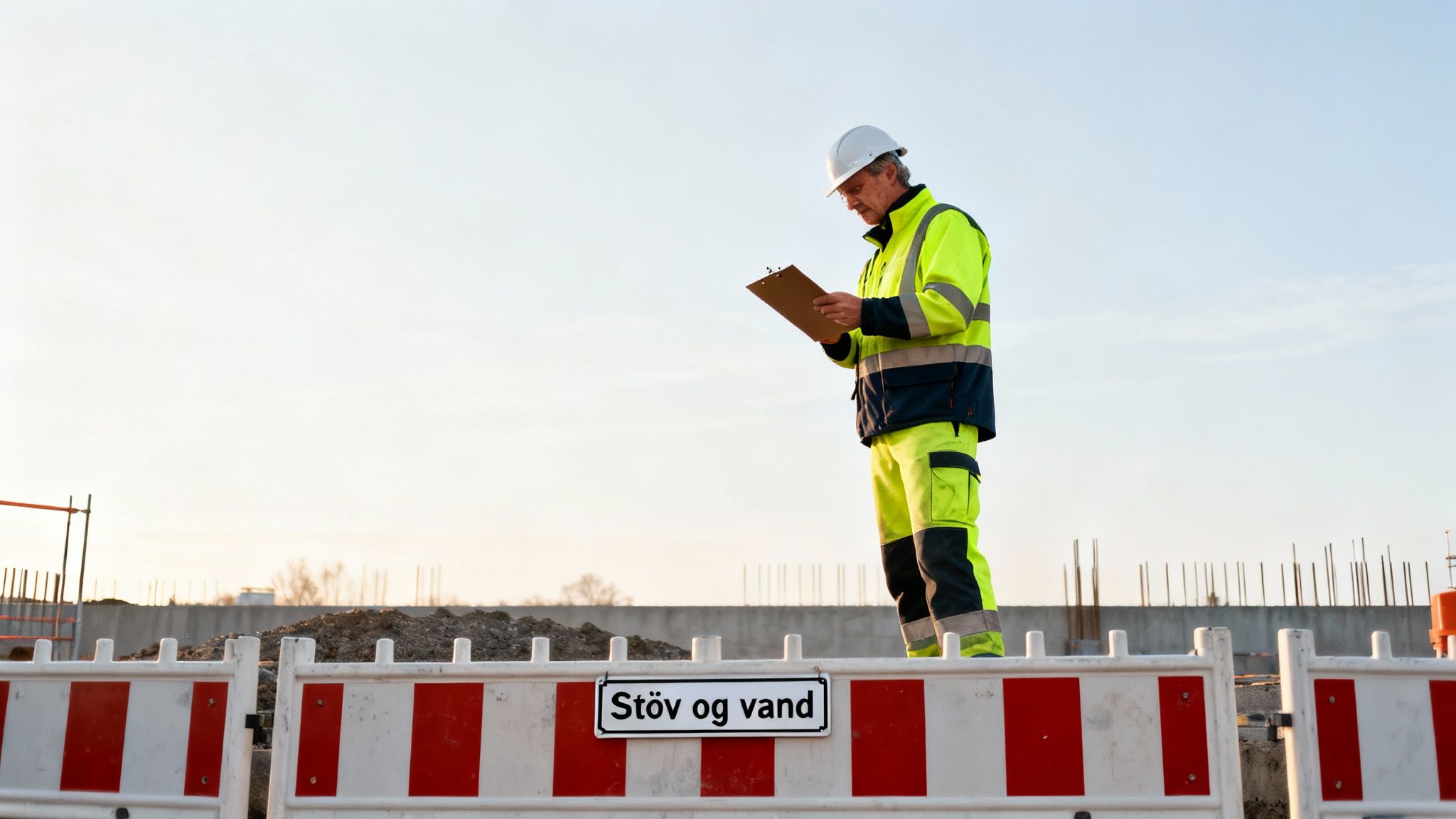 En bygningsarbejder i sikkerhedstøj tjekker papirer på en byggeplads med et skilt om støv og vand.