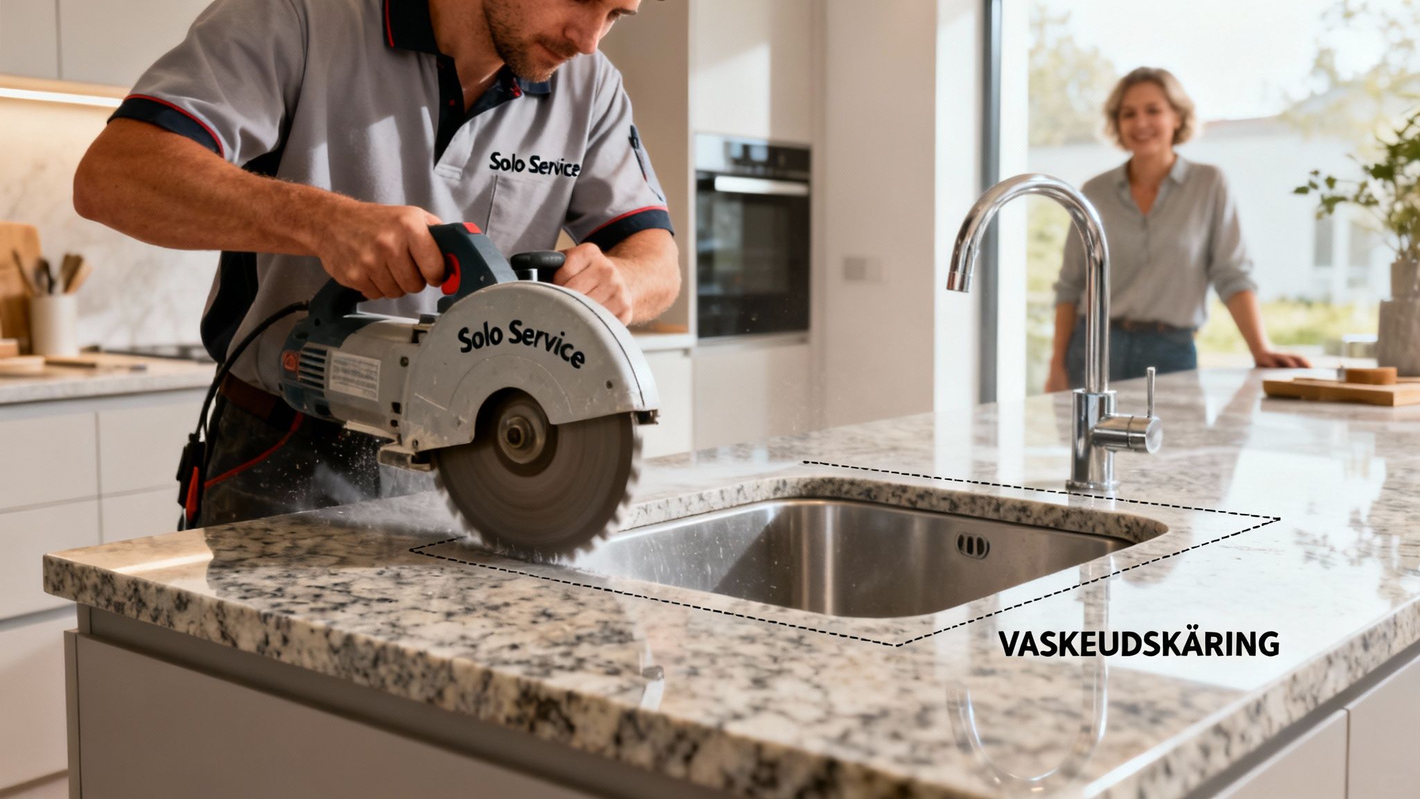 En håndværker skærer en udskæring til en vask i en granitbordplade, mens en kvinde ser på.
