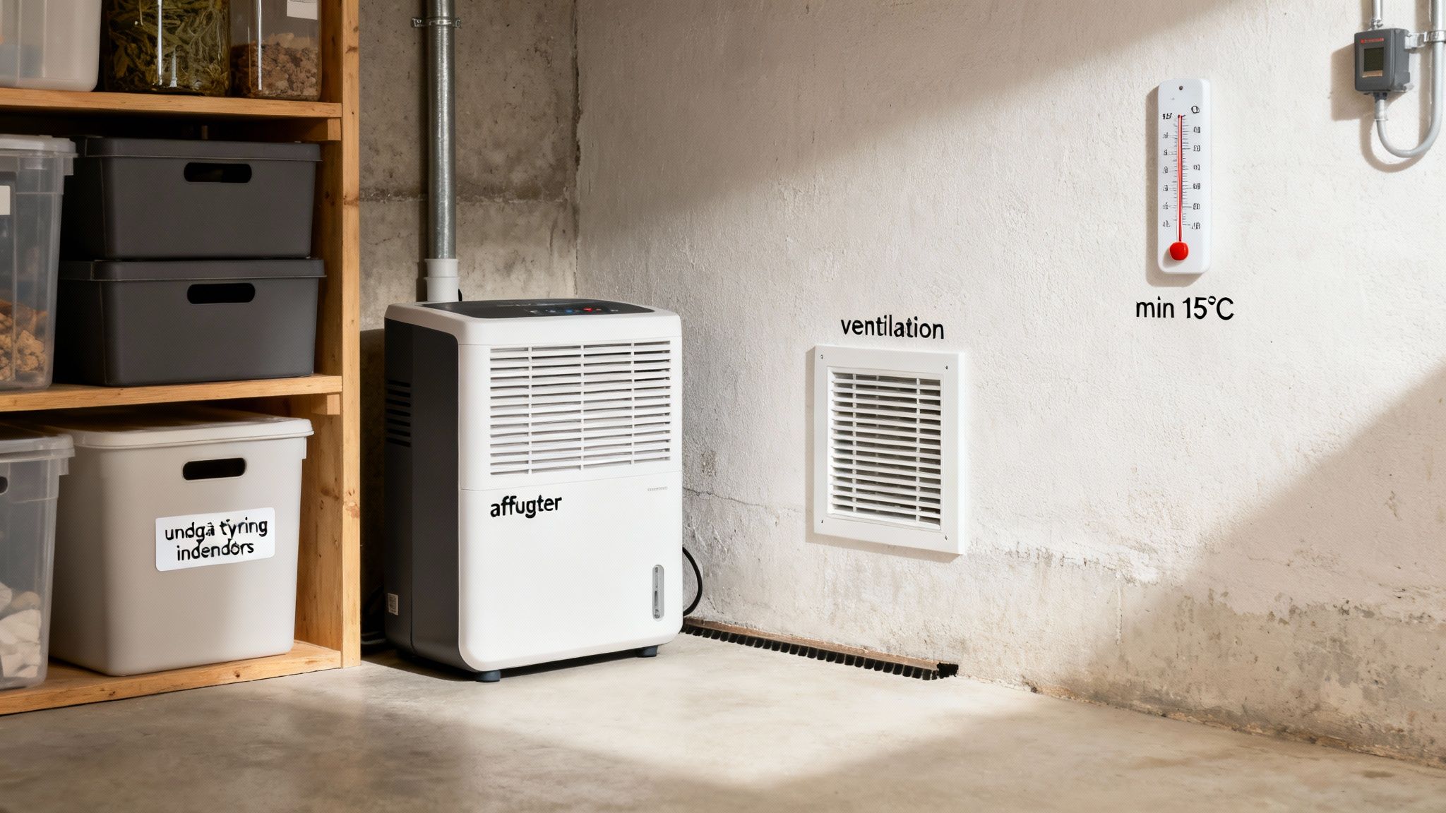 En kælder med en affugter, reoler med opbevaring, ventilation og et termometer, der viser min 15°C.