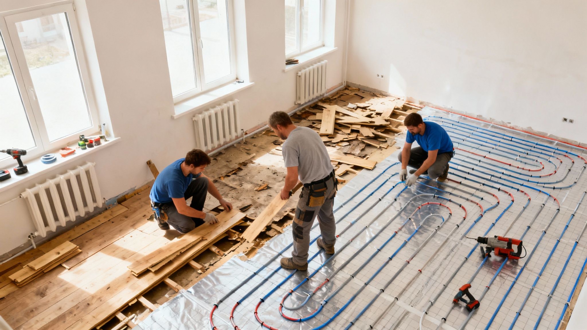 En professionel håndværker er ved at lægge rør til gulvvarme