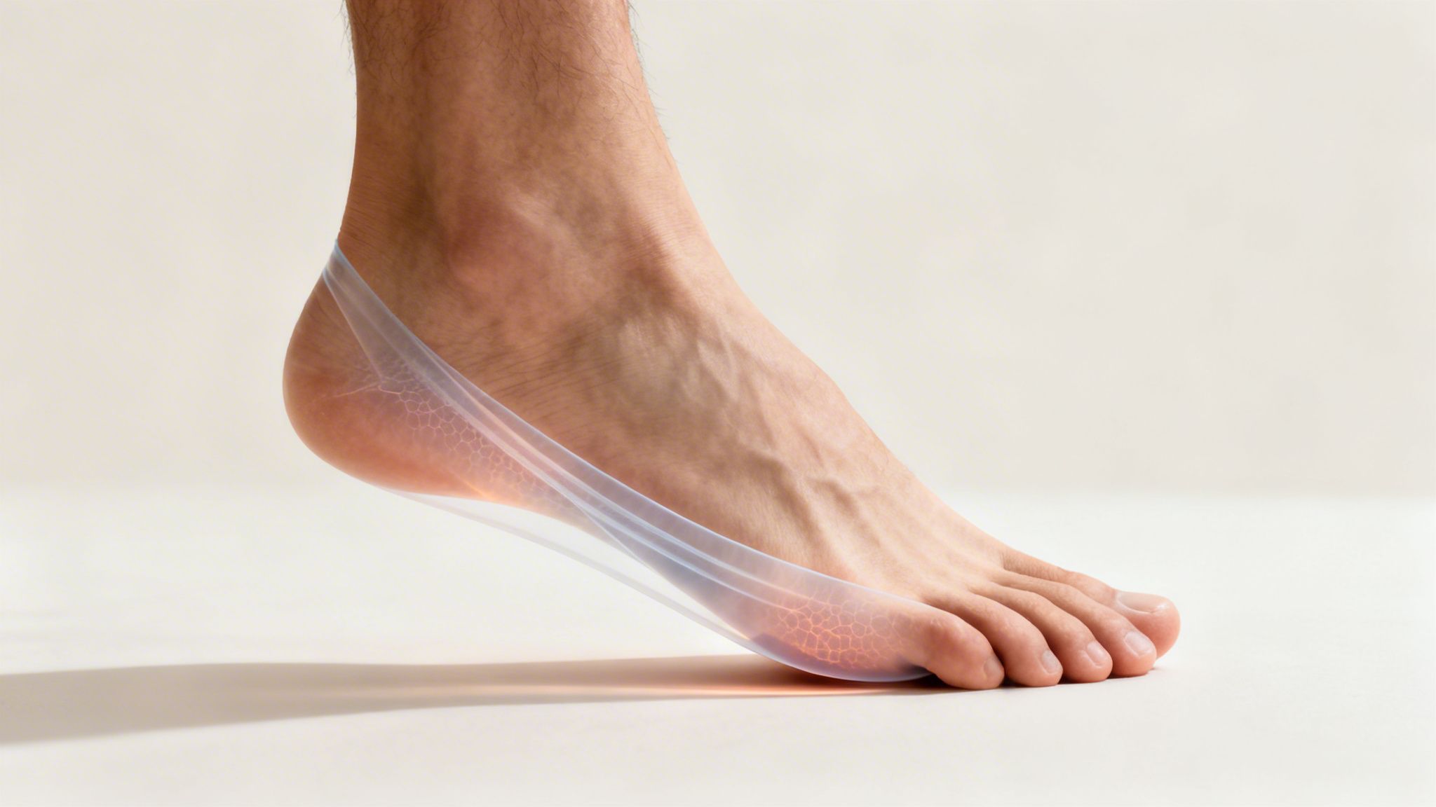 En bare fod med en gennemsigtig indlægssål, der viser støtte til foden.