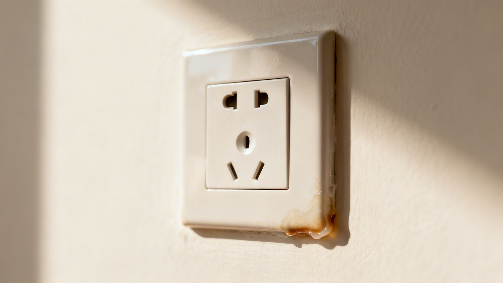 En hvid stikkontakt på en beige væg med en brunlig væske, der drypper ned fra den nederste højre side.