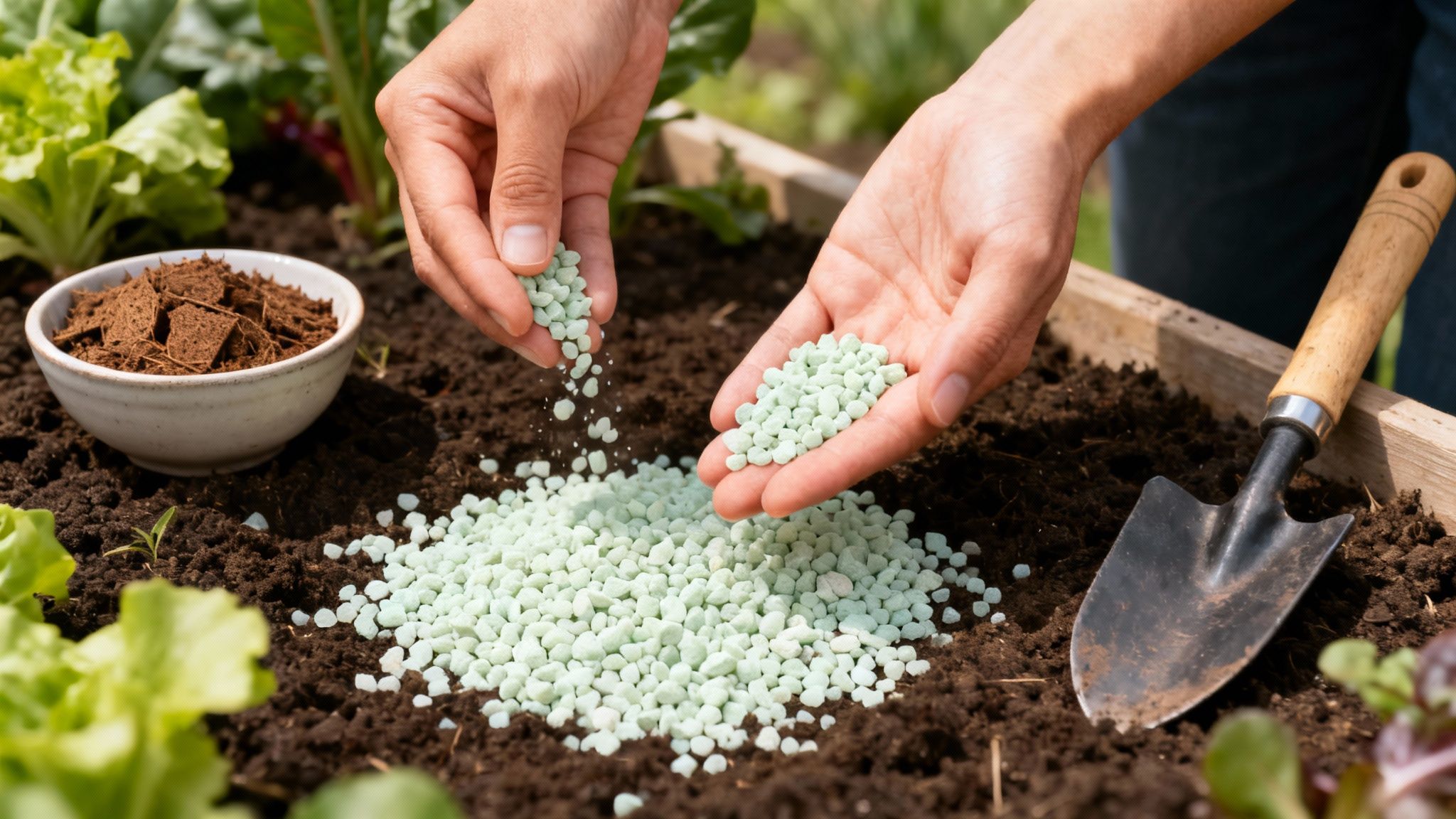 En person spreder grøn gødning i jorden i en køkkenhave ved siden af en skål med kompost.