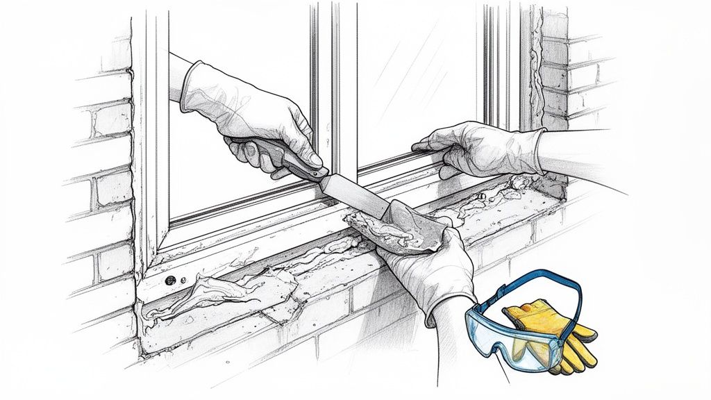Hænder i beskytteshandsker skraber gammel fugemasse af et vindue med værktøj.