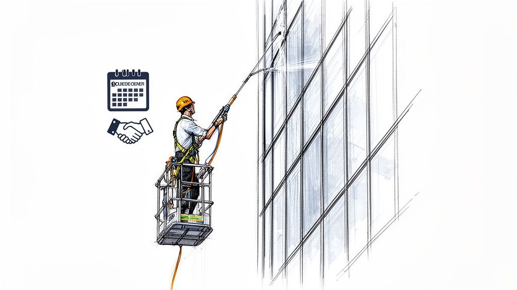 En vinduespudser i lift renser vinduer på en høj bygning med langt udstyr, med kalender- og håndtryksikoner.