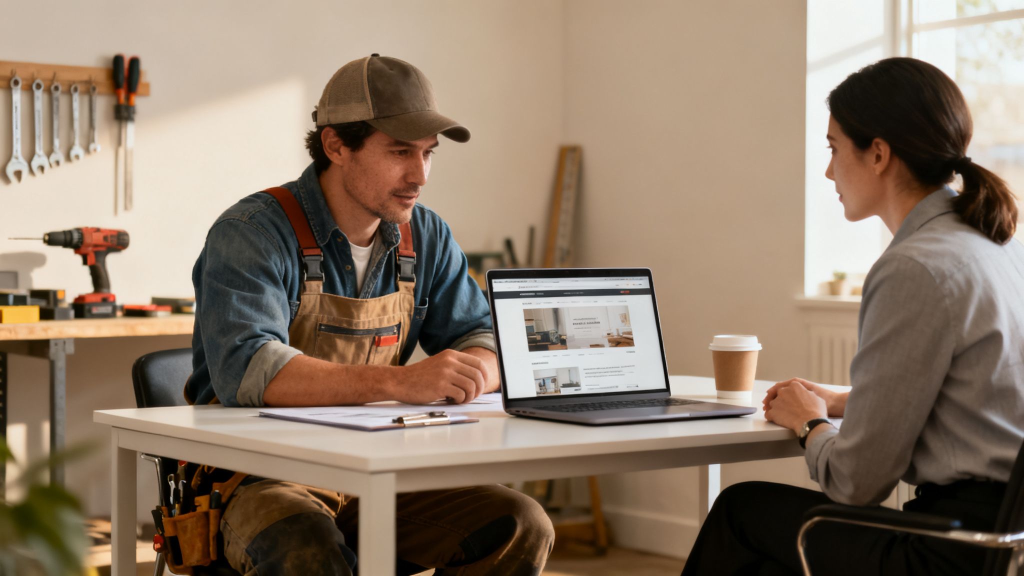 Håndværker og kunde diskuterer boligdesign på en bærbar computer under et møde i et værksted.
