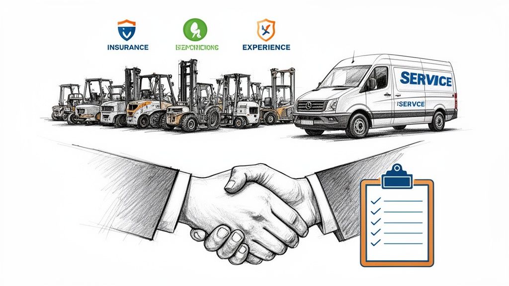 Billede af gaffeltrucks, servicevogn, håndtryk og checkliste, symboliserende omfattende service og samarbejde.