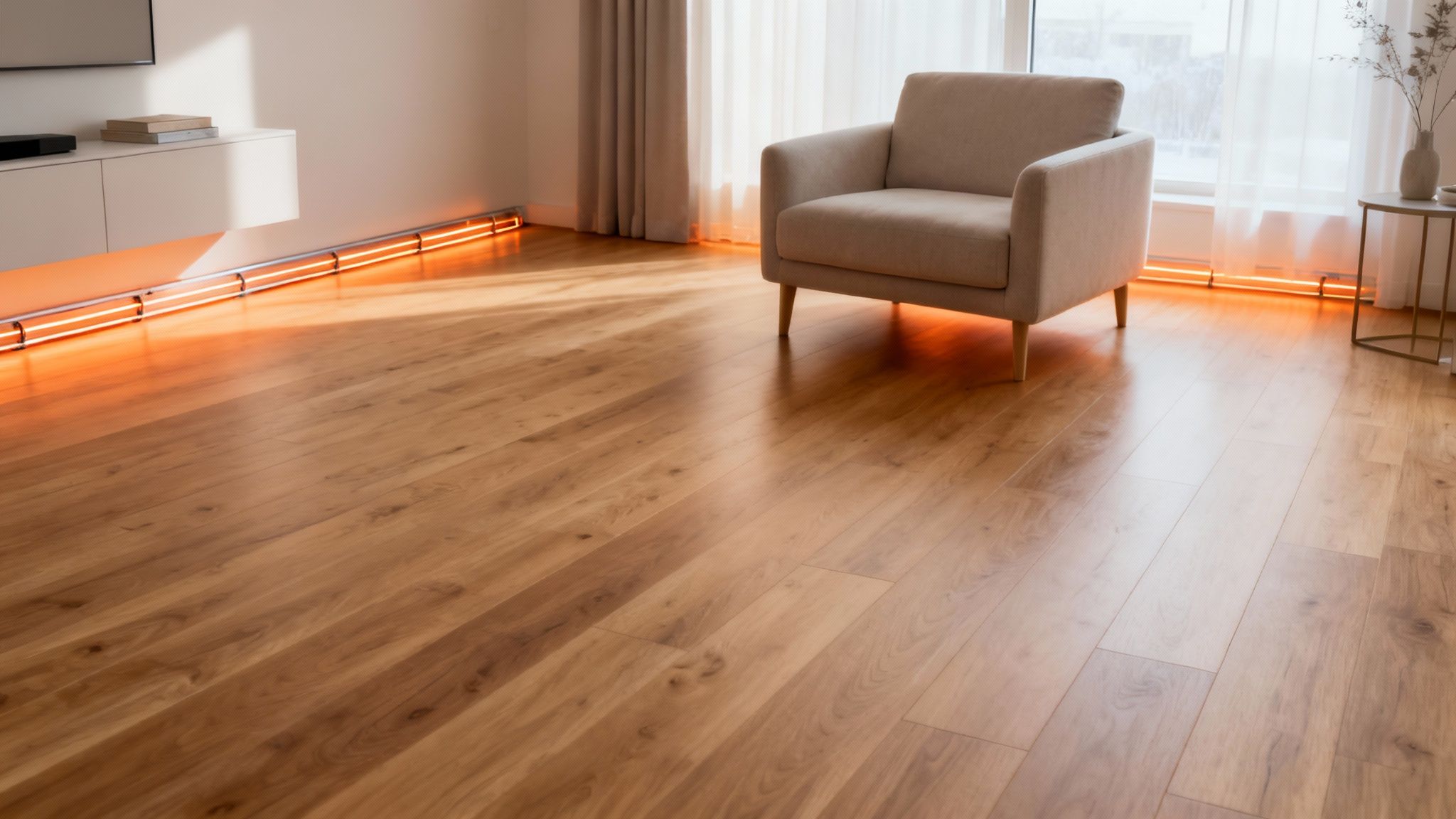 Et moderne rum med lyst trægulv, en beige lænestol og orange LED-striber langs væggen, der skaber en varm stemning.