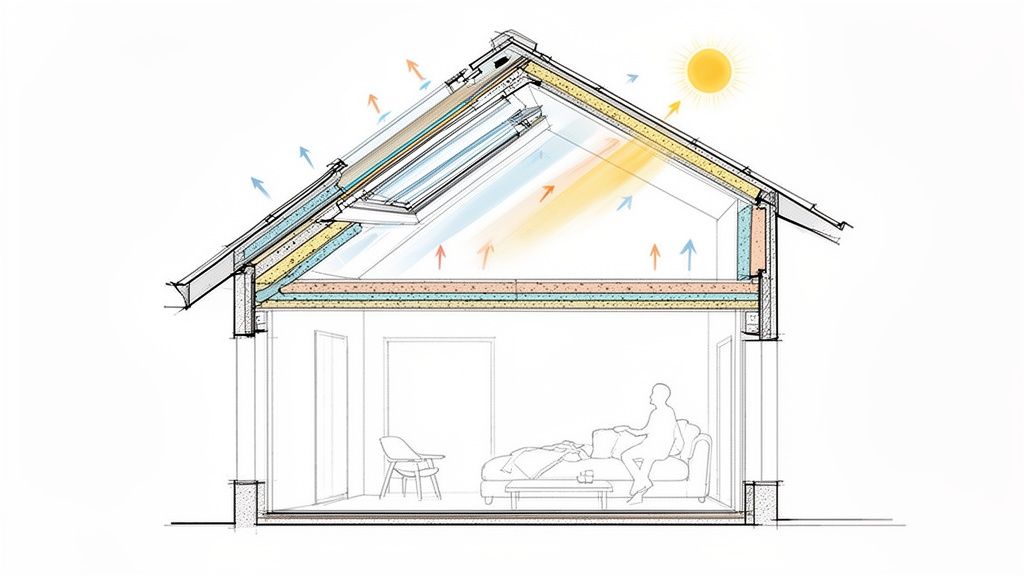 Illustration af et hus i snit med fokus på tagkonstruktion, Velux vinduer, isolering og indeklima.