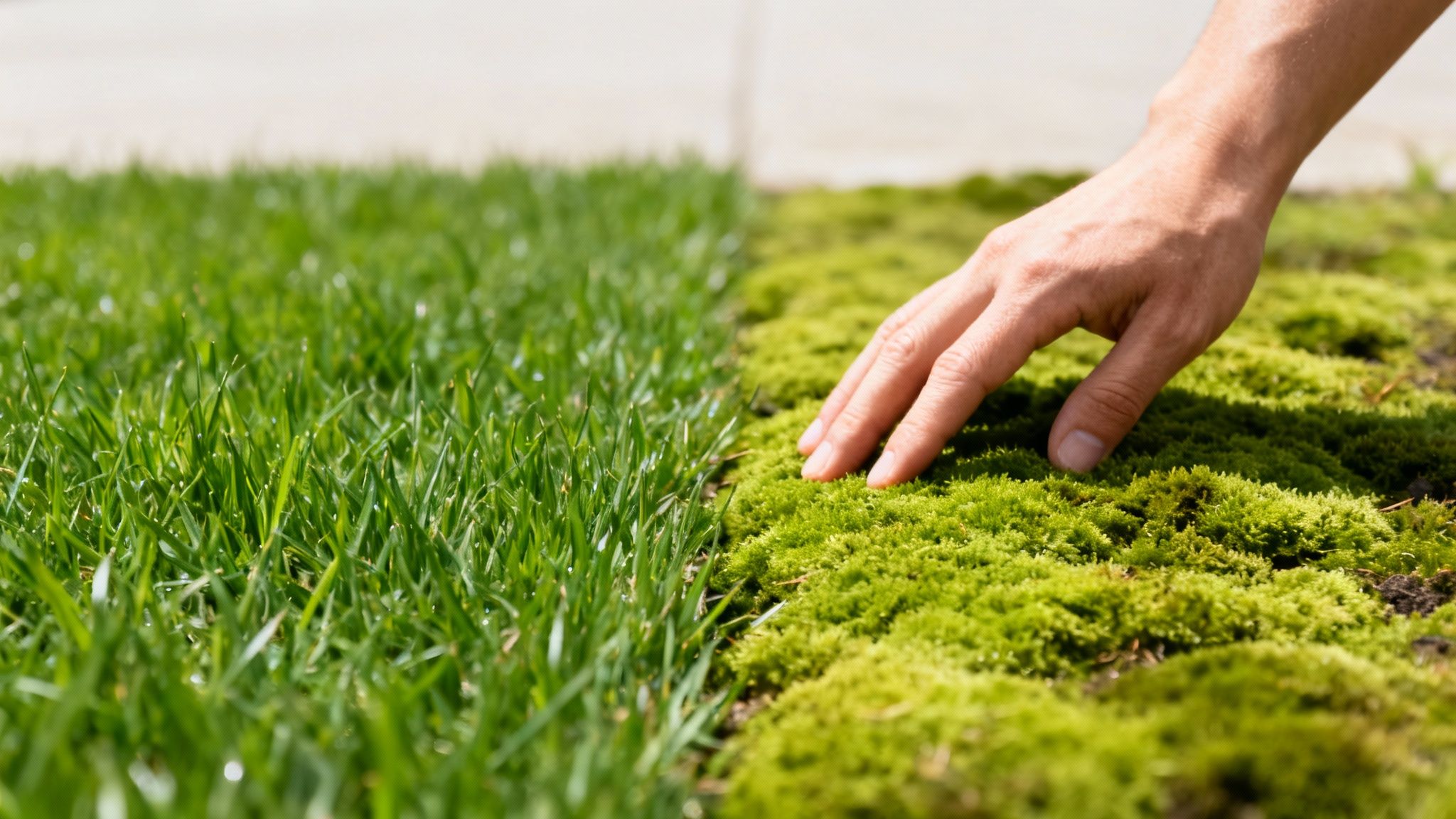En hånd rører ved blødt grønt mos, der grænser op til en velplejet græsplæne.