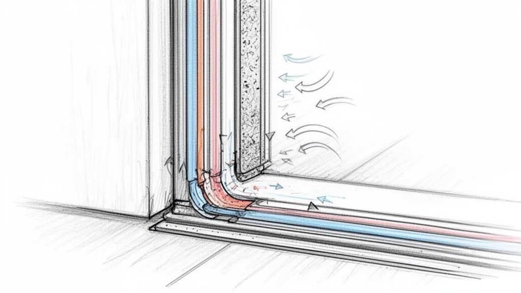 Tværsnit af væg og gulv med isolering, der viser varmt og koldt flow samt luftstrømme.