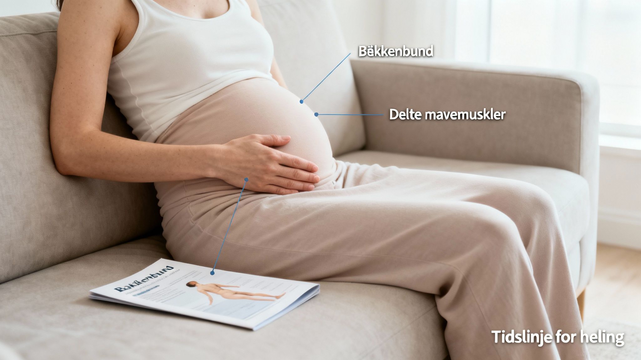 Gravid kvinde på sofaen med fokus på bækkenbund, delte mavemuskler og heling efter fødsel.