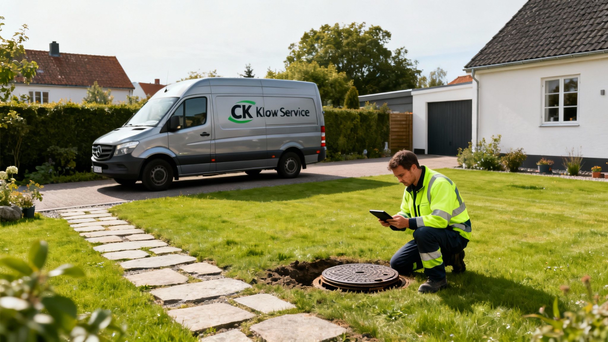 Tekniker i sikkerhedsvest tjekker kloakken med tablet foran en servicebil og et hus.