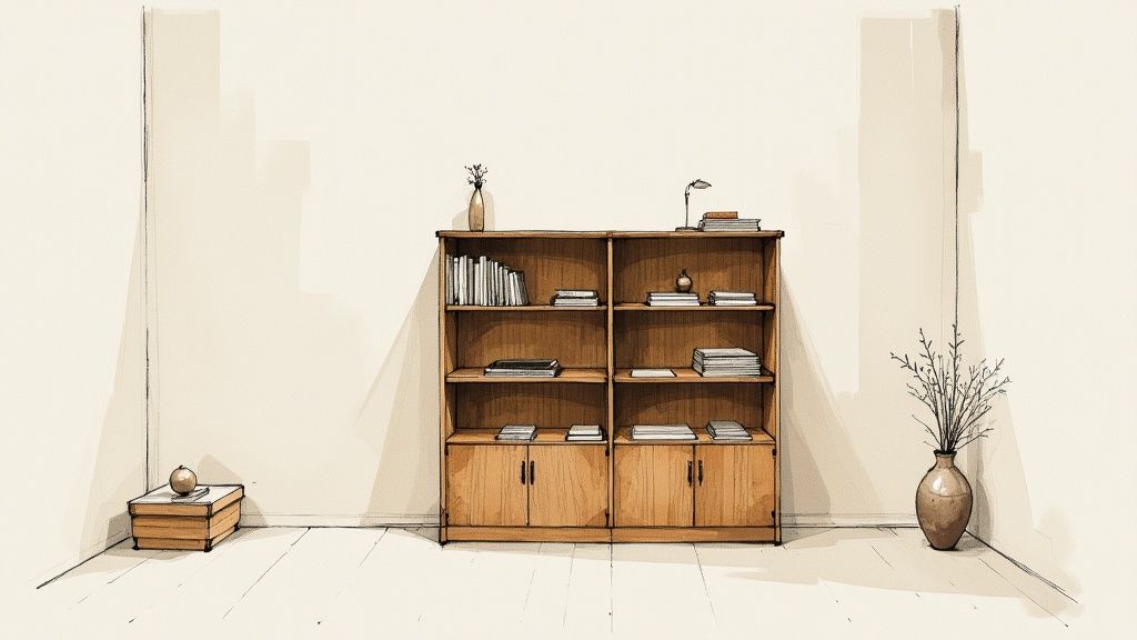 Illustration af to lyse egetræsbogreoler fyldt med bøger i et minimalistisk rum.