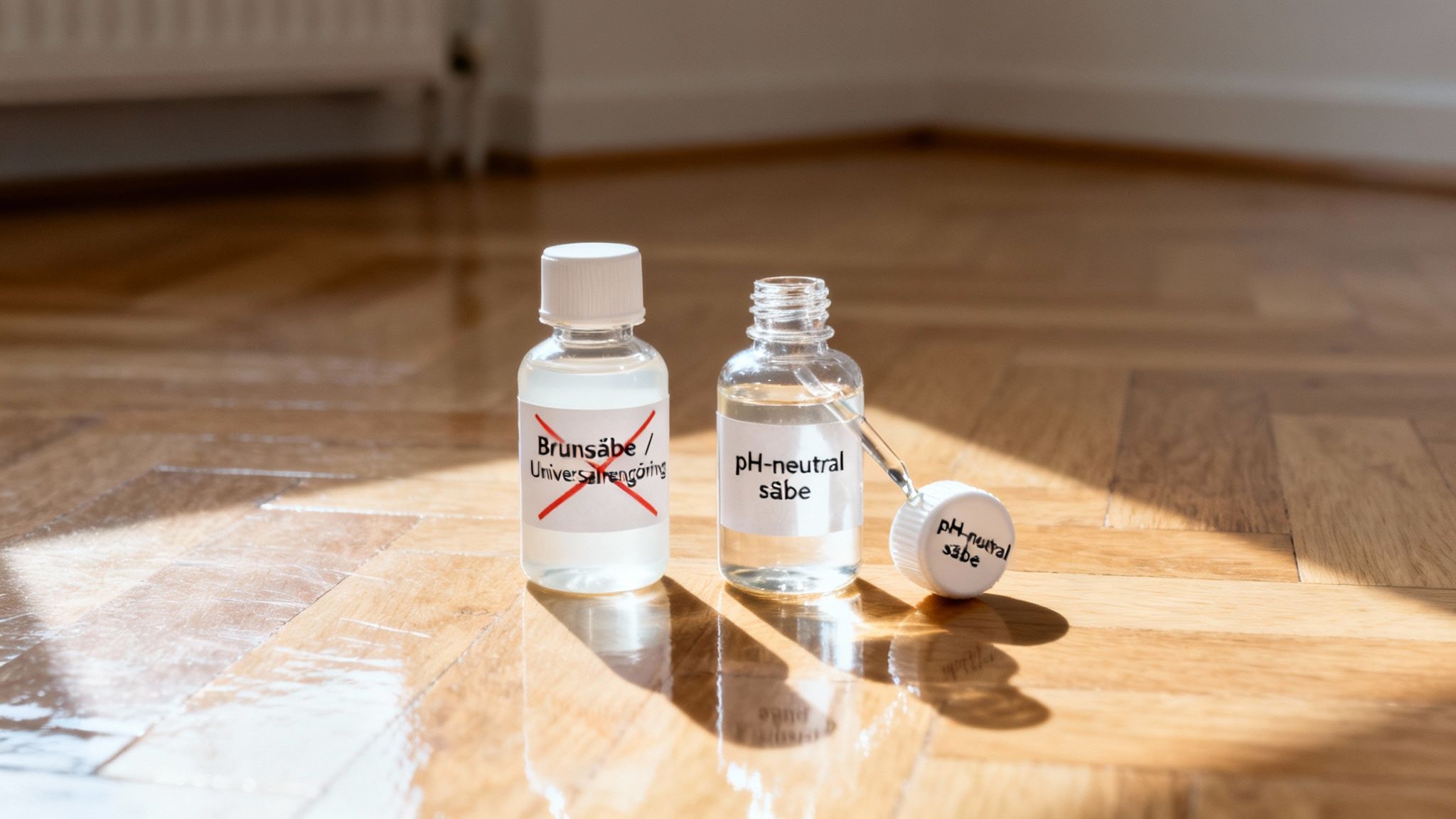 To flasker rengøringsmiddel på et lakeret trægulv: Brunsåbe med kryds, og pH-neutral såbe.