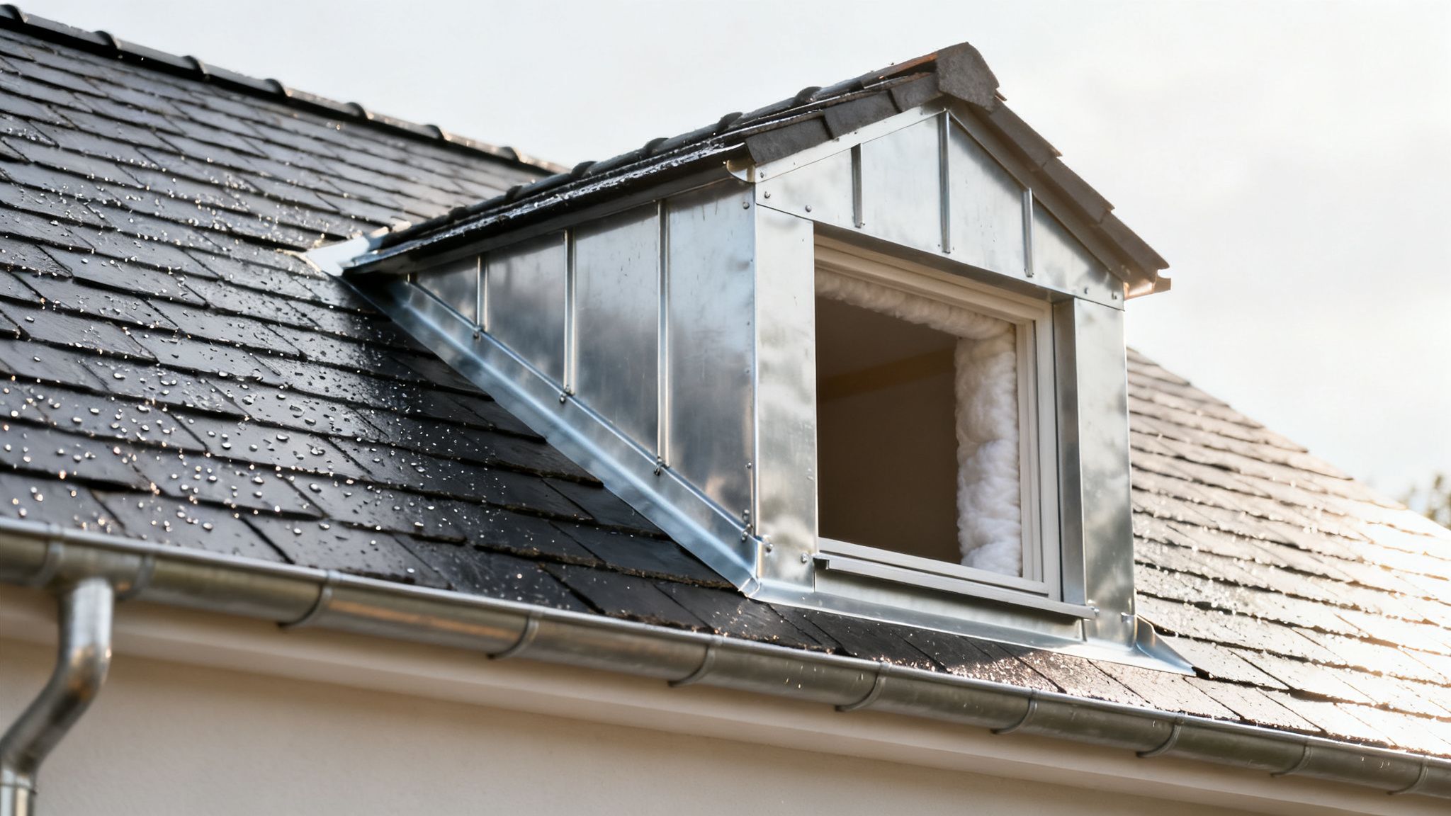 En moderne kvist med metalbeklædning på et mørkt tegltag med regndråber og tagrende.