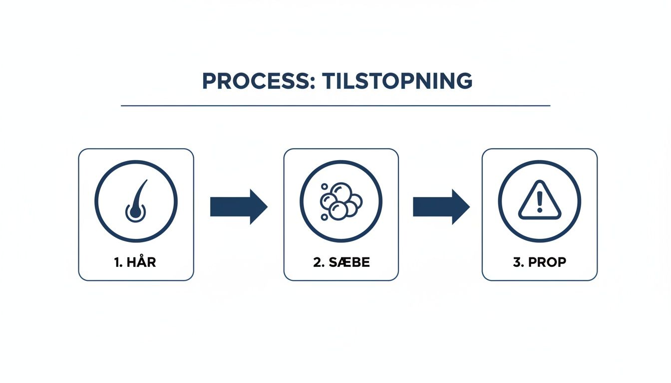 Diagram der viser hvordan hår og sæbe forårsager en prop/tilstopning i afløbet.
