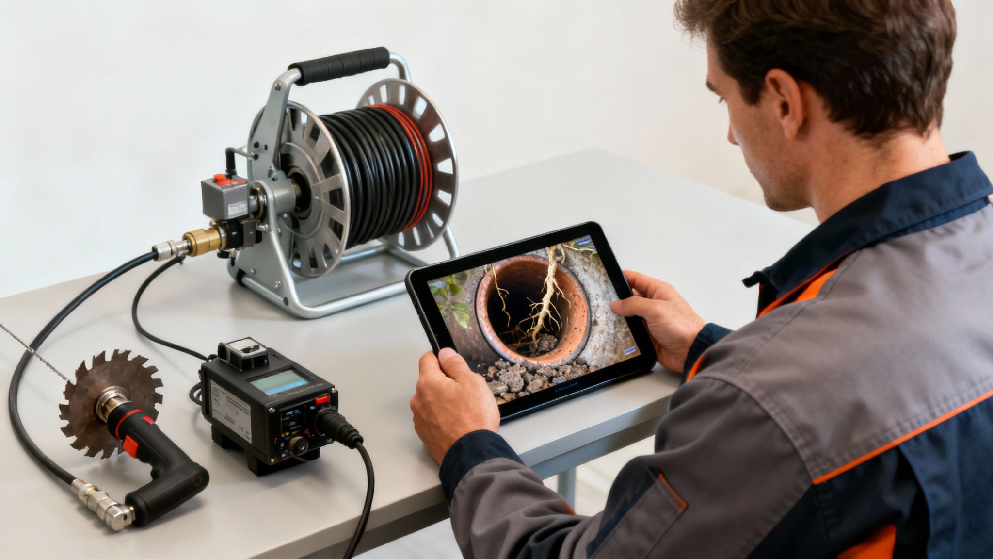 En kloakmester inspicerer et kloakrør med specialudstyr.