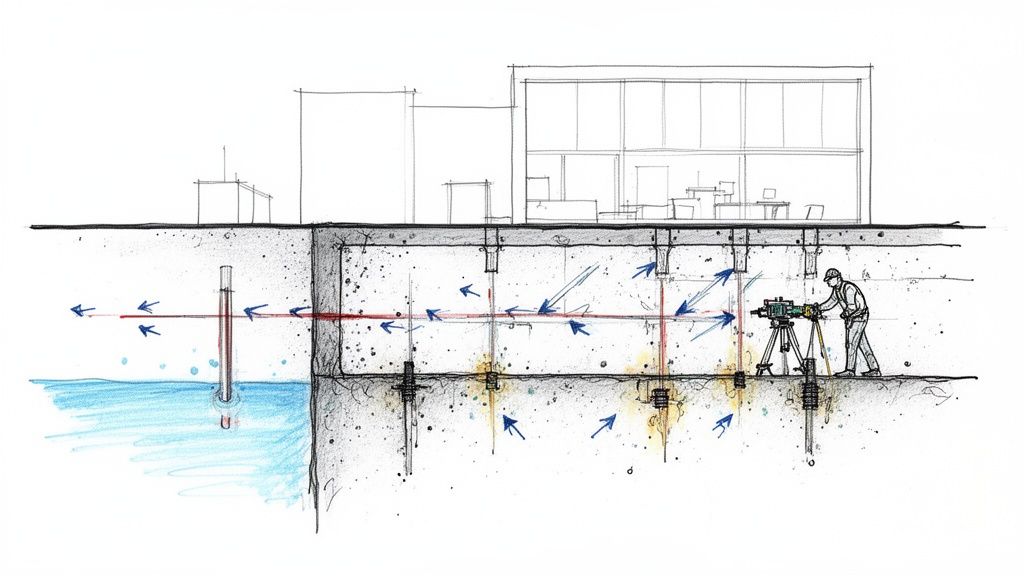 Illustration af bygningsfundament med grundvand, en landmåler og pile, der viser fugtbevægelse og dræning. Viser fugtproblemer under jorden.