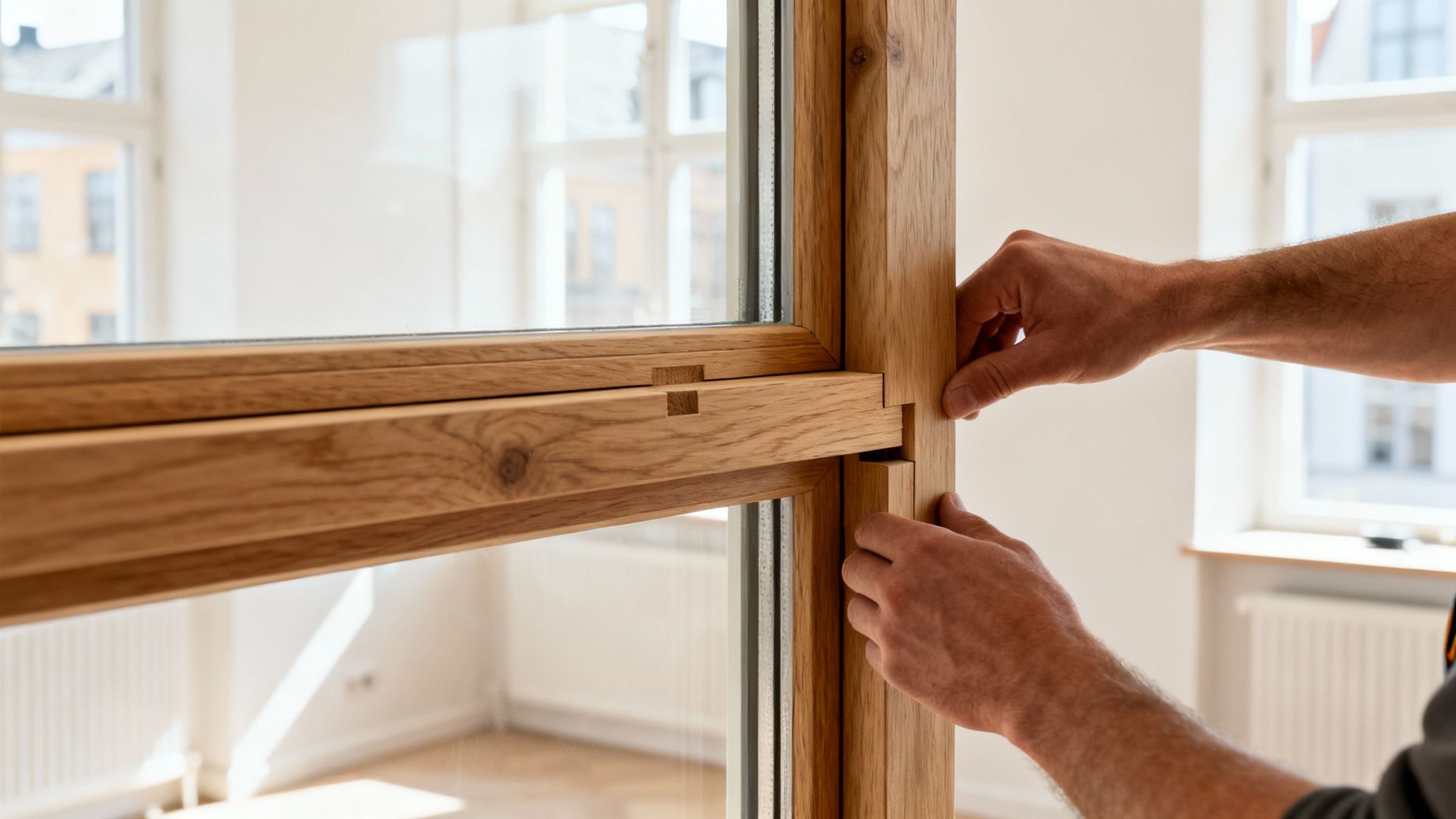 Hænder monterer en ny vinduesramme i lyst egetræ med synlige træsamlinger i et lyst rum.