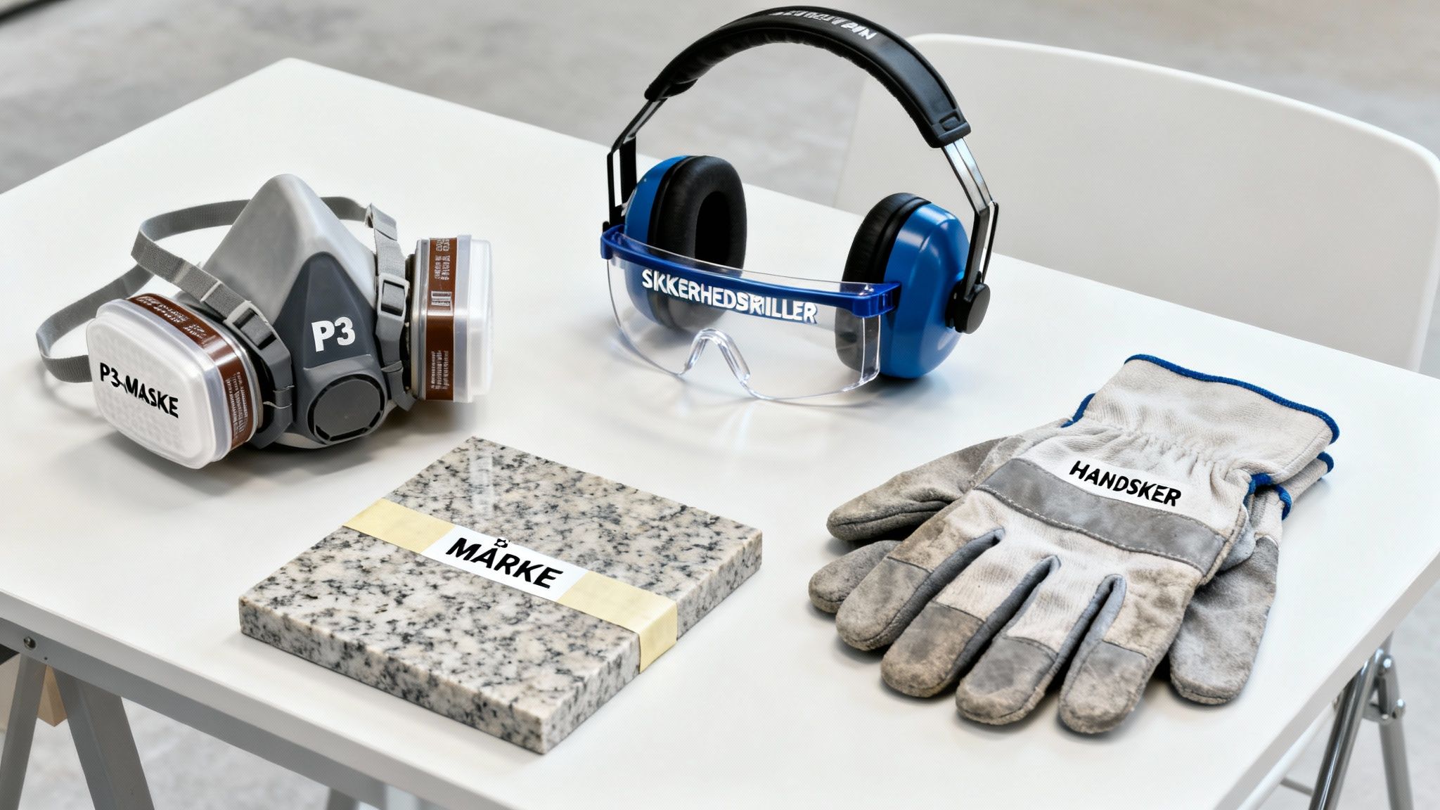 En samling personligt beskyttelsesudstyr, herunder maske, briller, høreværn og handsker, vist med en granitprøve på et bord.