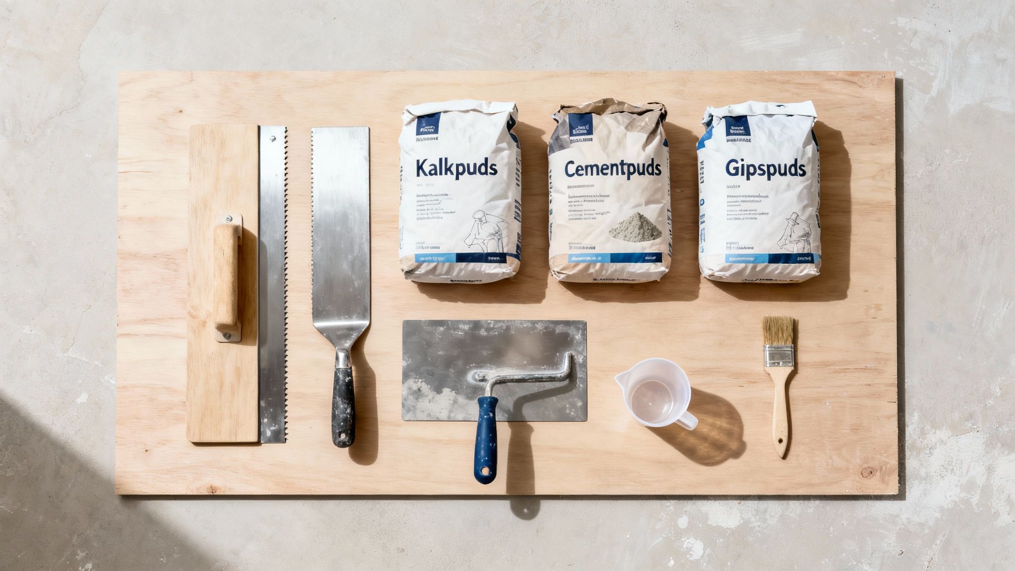 Værktøj og materialer til pudsning af vægge, herunder spartler, pensel og sække med kalkpuds, cementpuds og gipspuds.