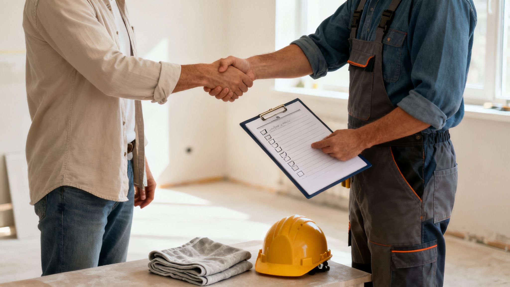 En håndværker fra Solo Service i dialog med en kunde om et projekt